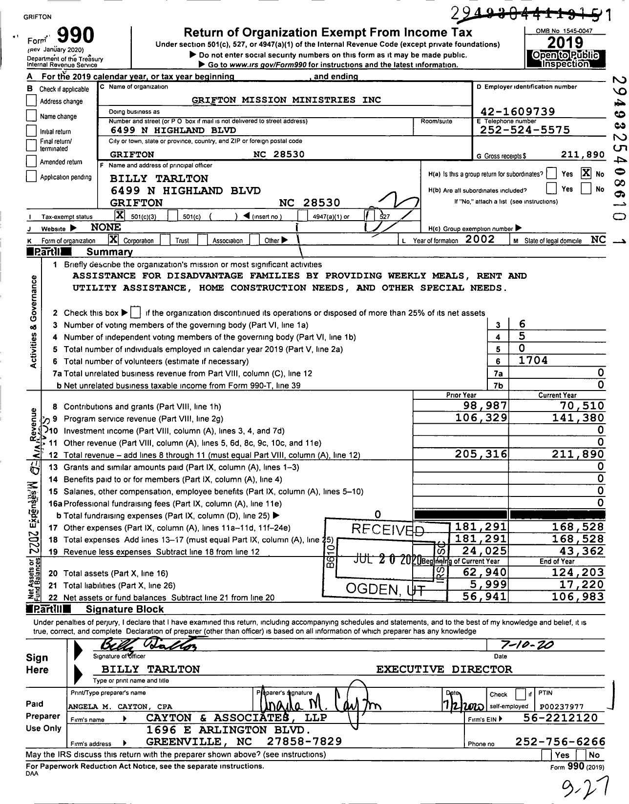 Image of first page of 2019 Form 990 for Grifton Mission Ministries