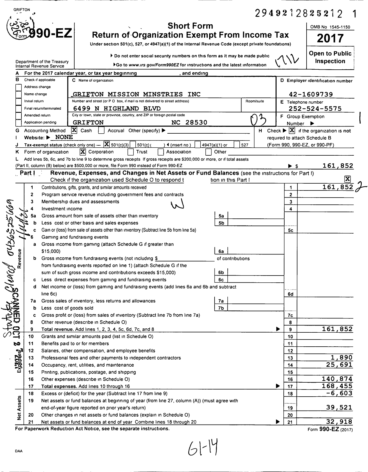 Image of first page of 2017 Form 990EZ for Grifton Mission Ministries