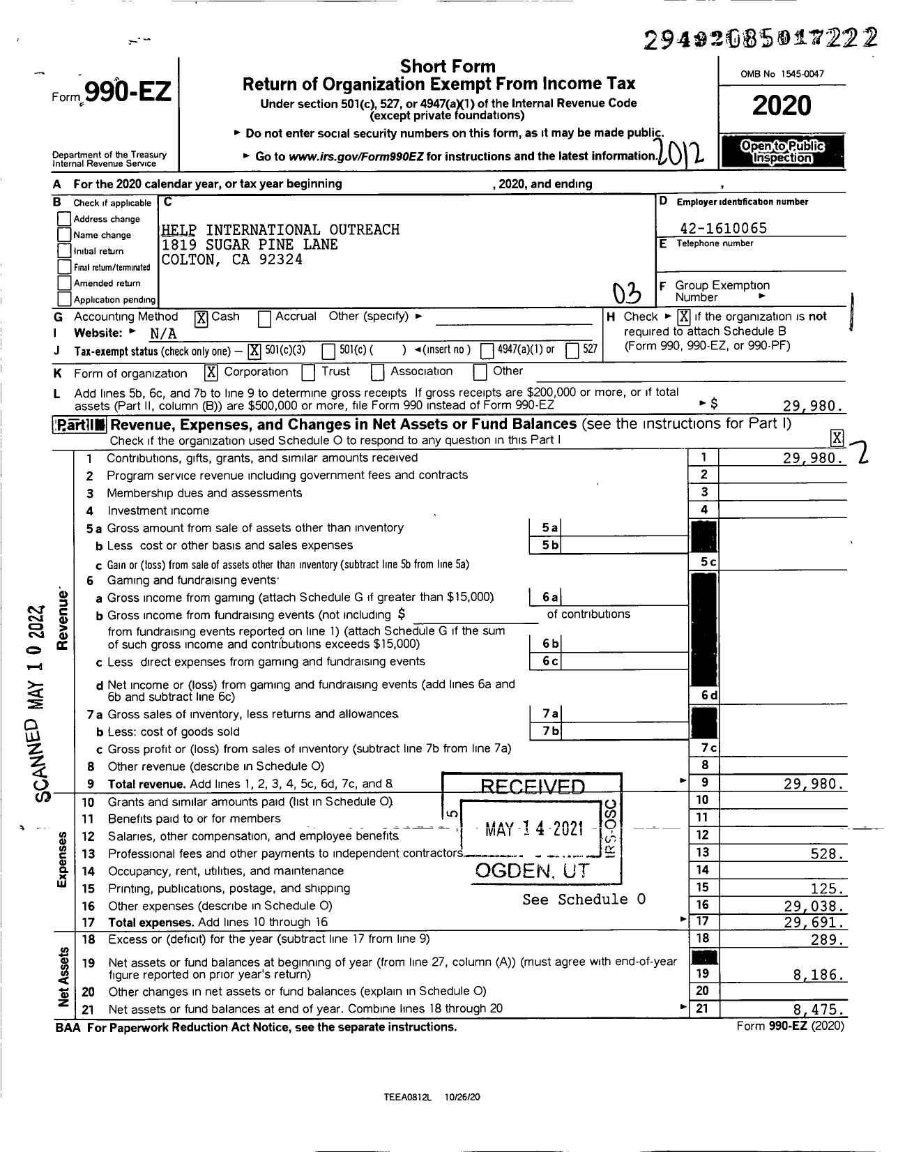 Image of first page of 2020 Form 990EZ for Help International Outreach