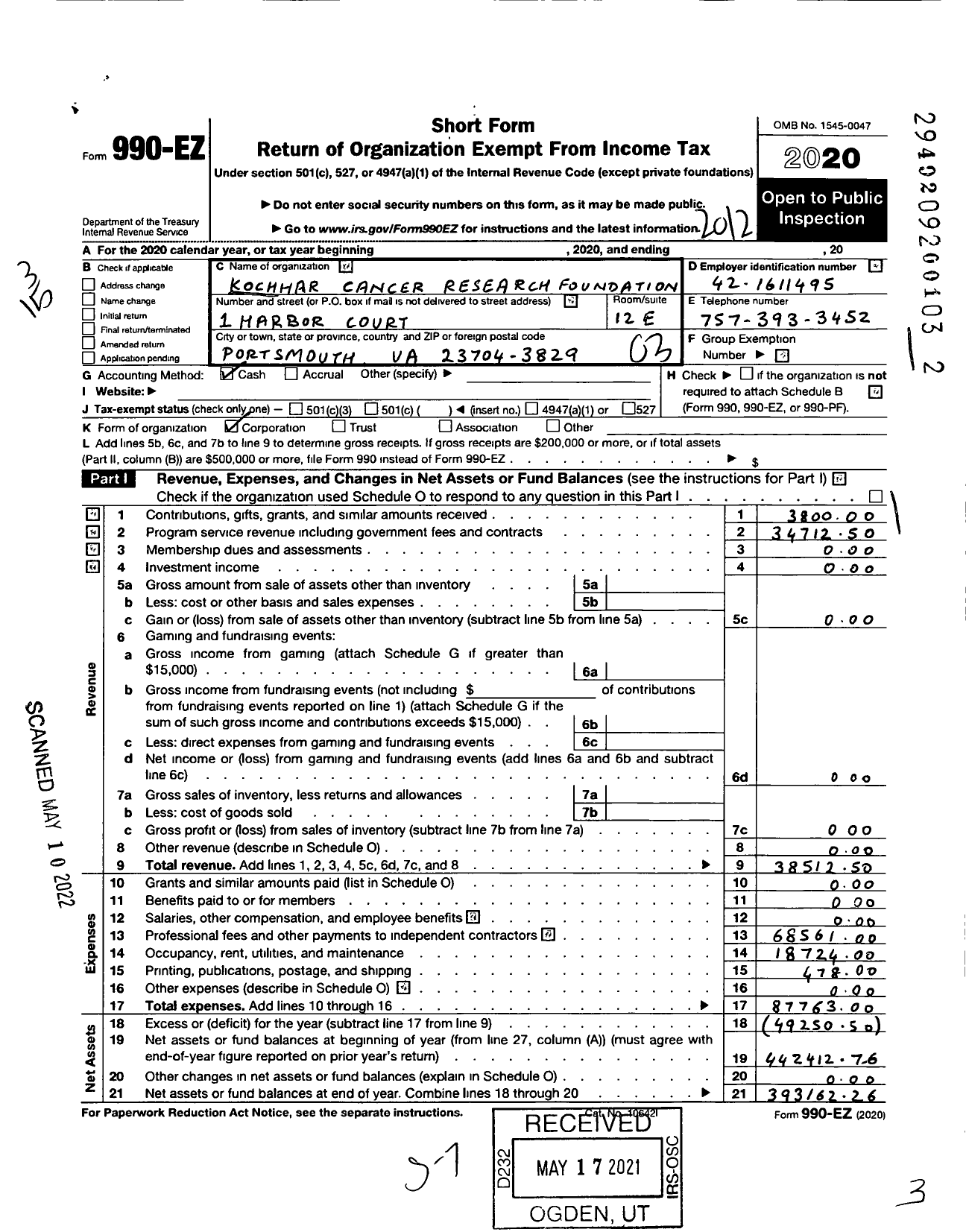 Image of first page of 2020 Form 990EZ for Kochhar Cancer Research Foundation