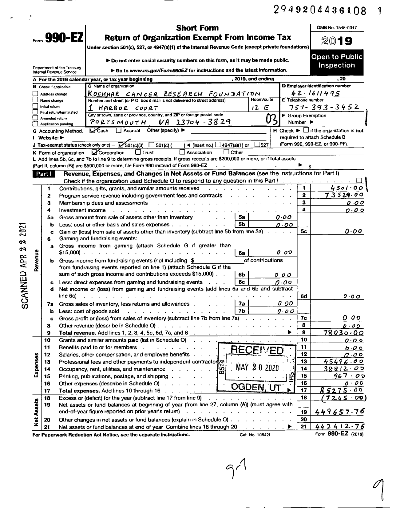 Image of first page of 2019 Form 990EZ for Kochhar Cancer Research Foundation