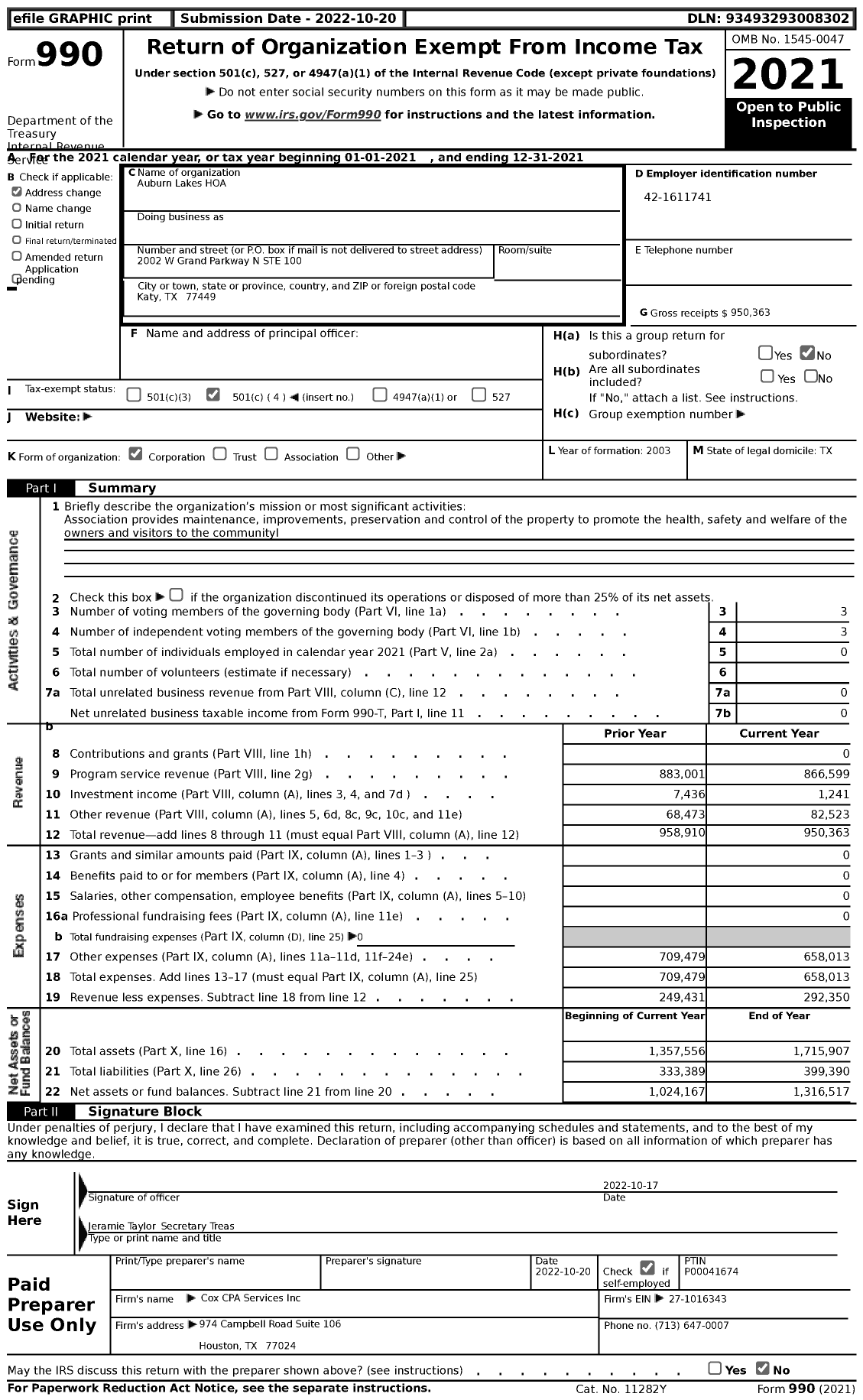 Image of first page of 2021 Form 990 for Auburn Lakes HOA