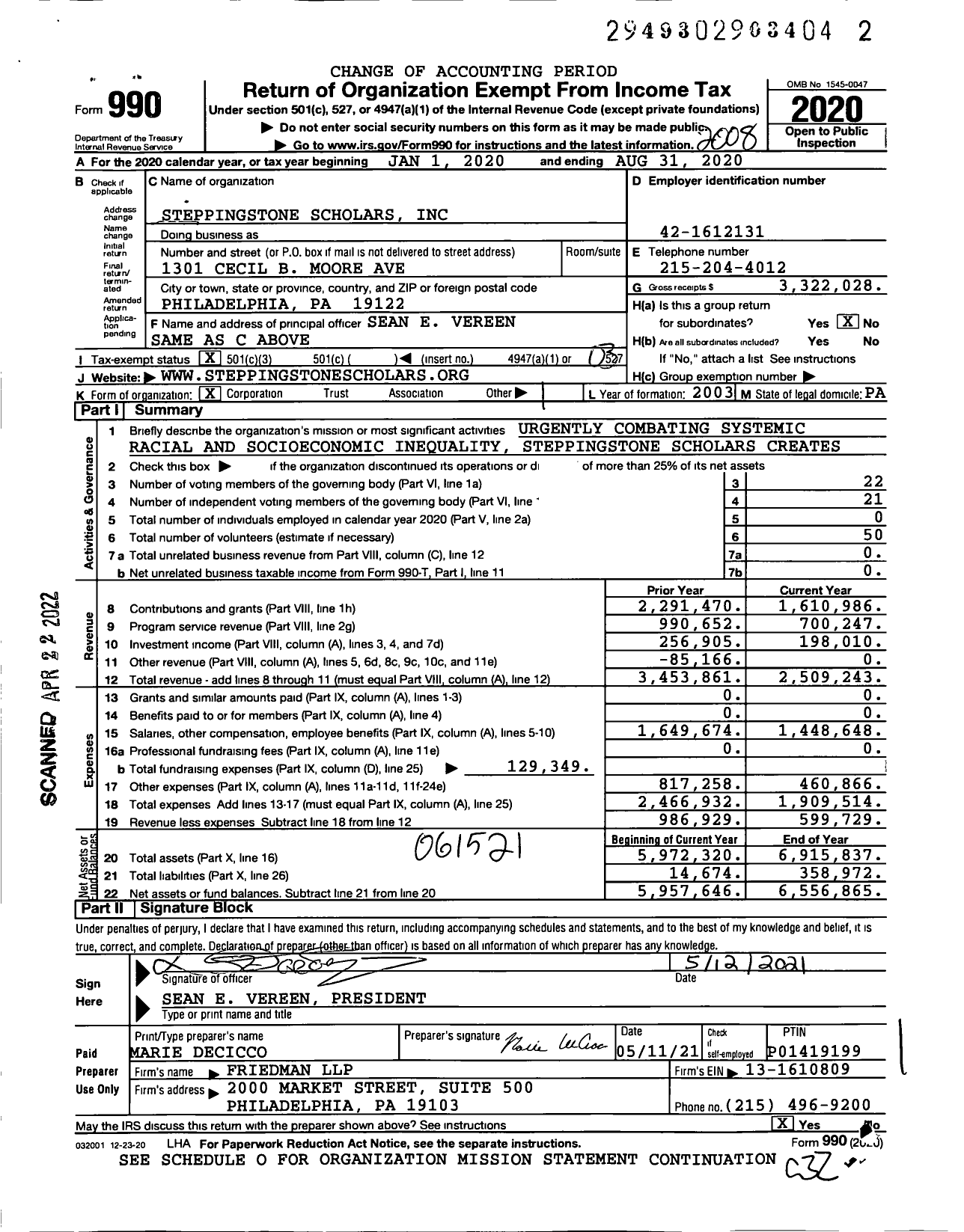 Image of first page of 2019 Form 990 for Steppingstone Scholars