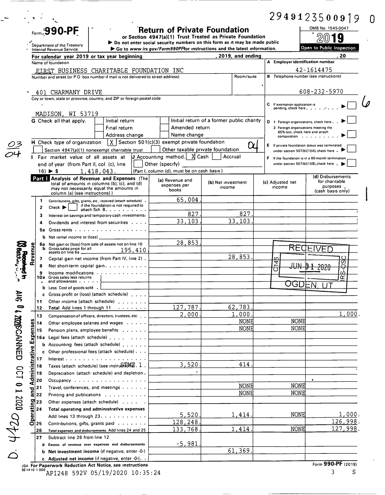 Image of first page of 2019 Form 990PR for First Business Charitable Foundation