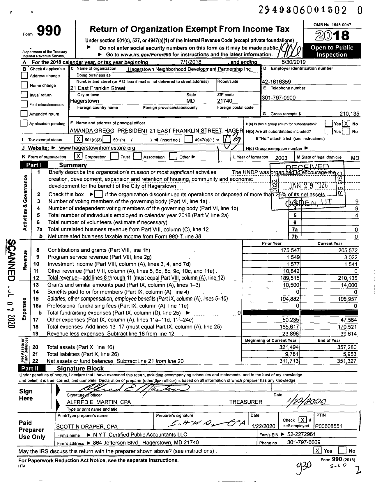 Image of first page of 2018 Form 990 for Hagerstown Neighborhood Development Partnership