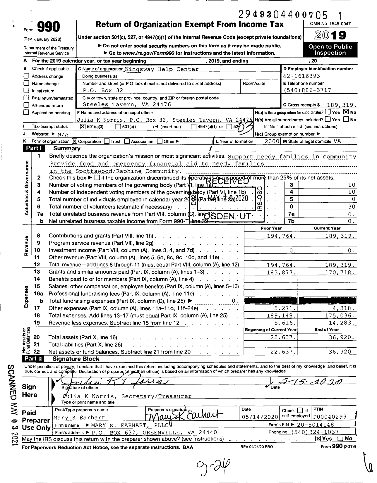 Image of first page of 2019 Form 990 for Kingsway Help Center