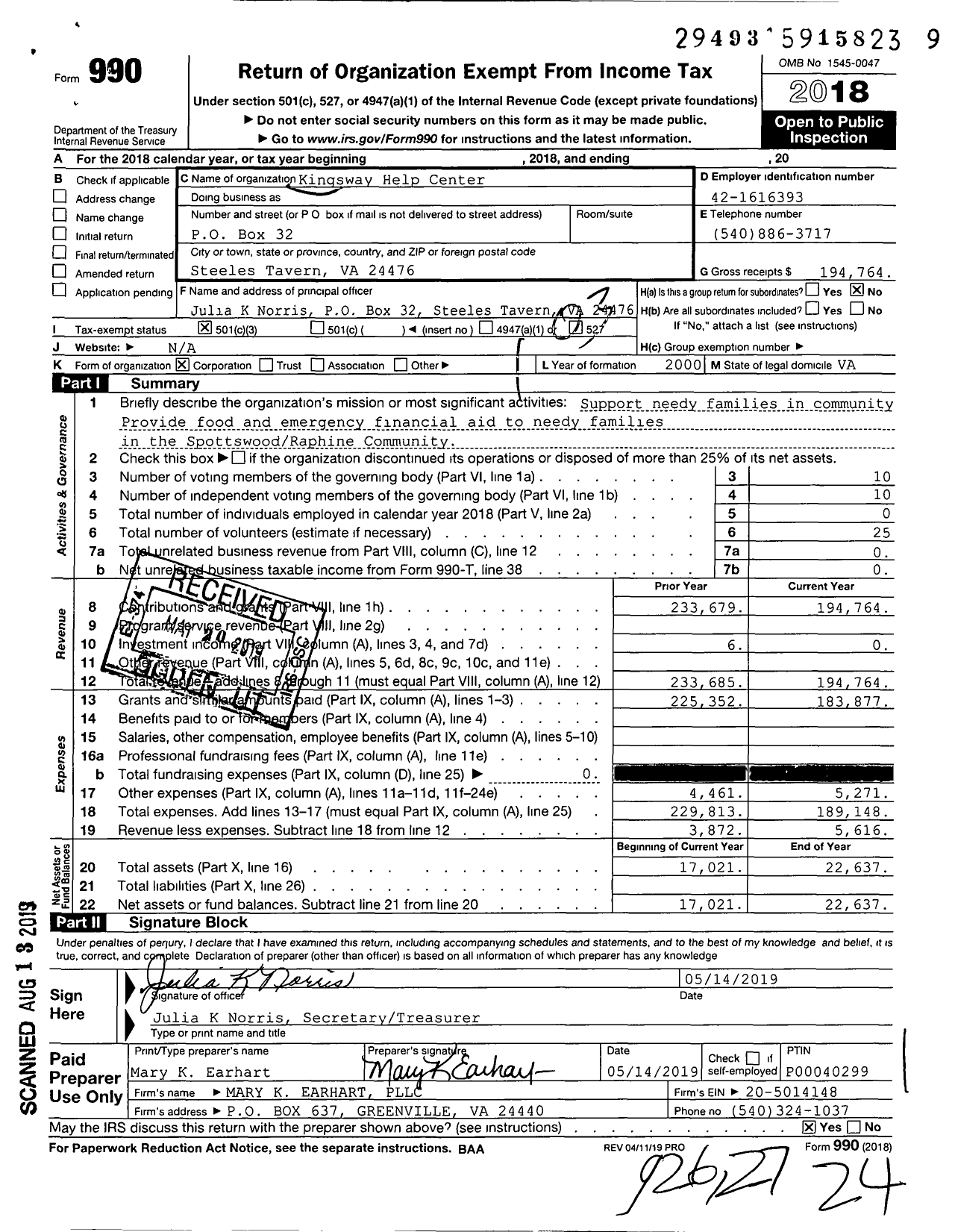 Image of first page of 2018 Form 990 for Kingsway Help Center