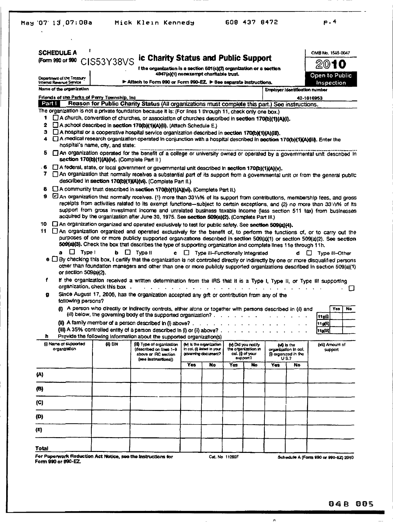 Image of first page of 2010 Form 990ER for Friends of the Parks of Perry Township