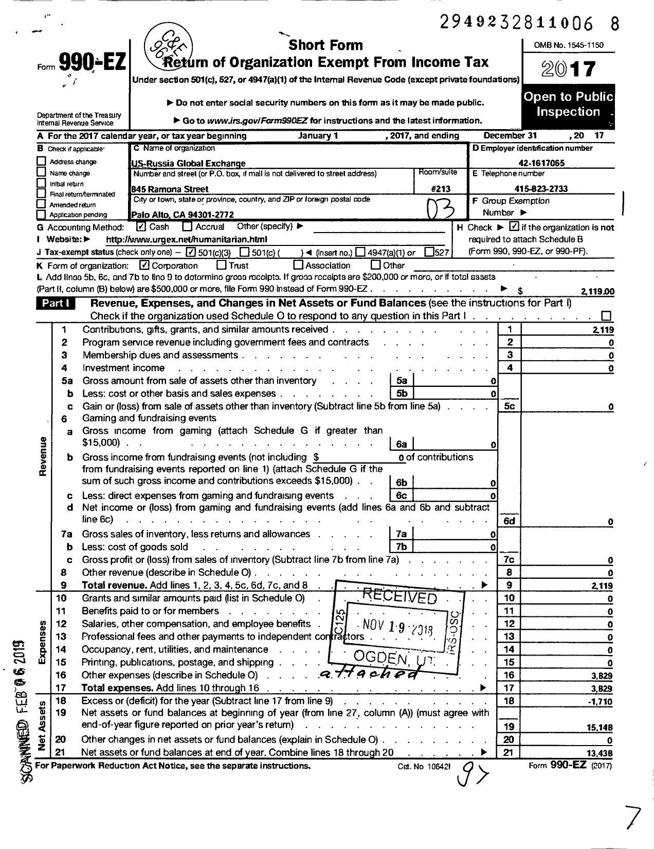 Image of first page of 2017 Form 990EZ for International Youth Leadership Camp