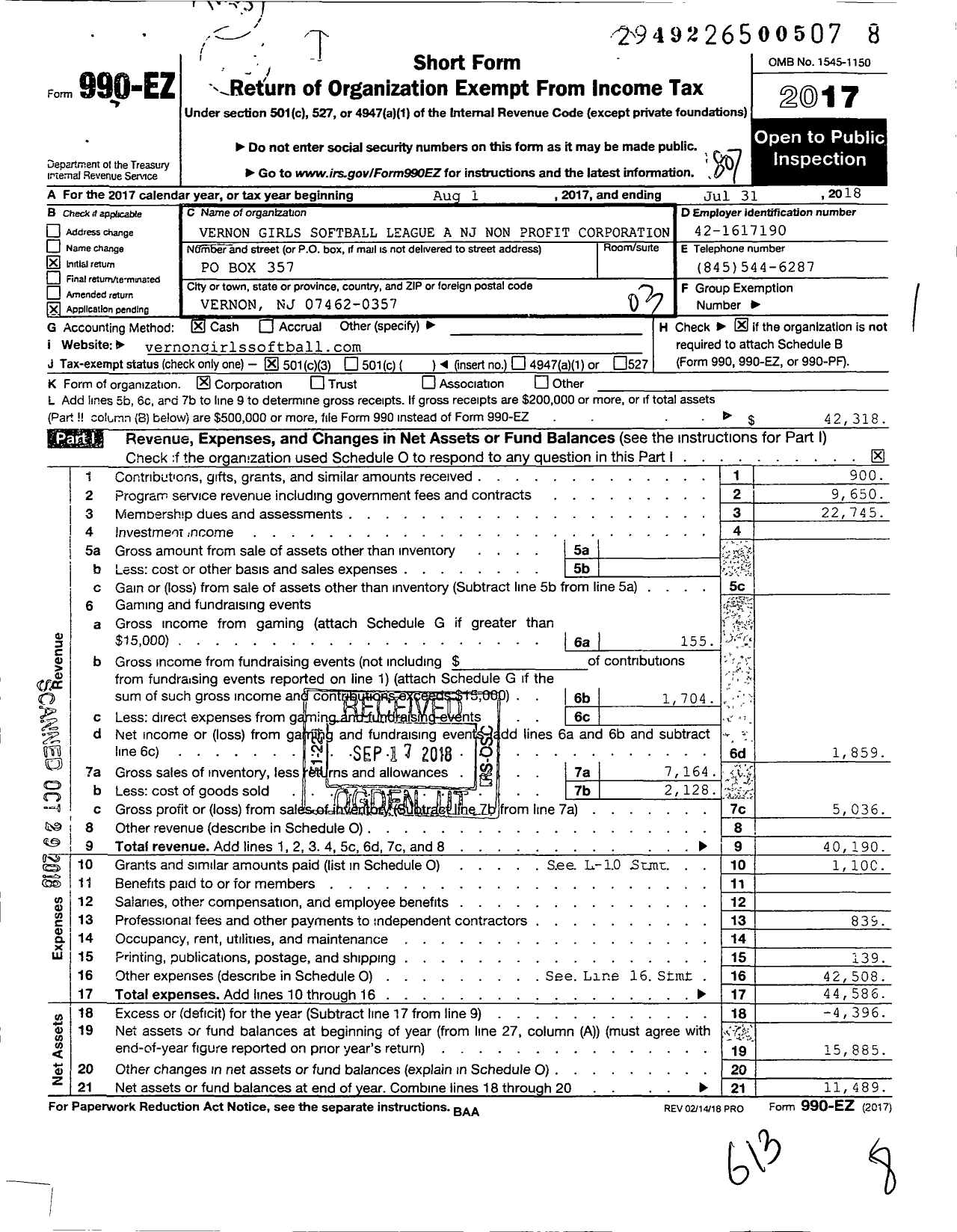 Image of first page of 2017 Form 990EZ for Vernon Girls Softball League