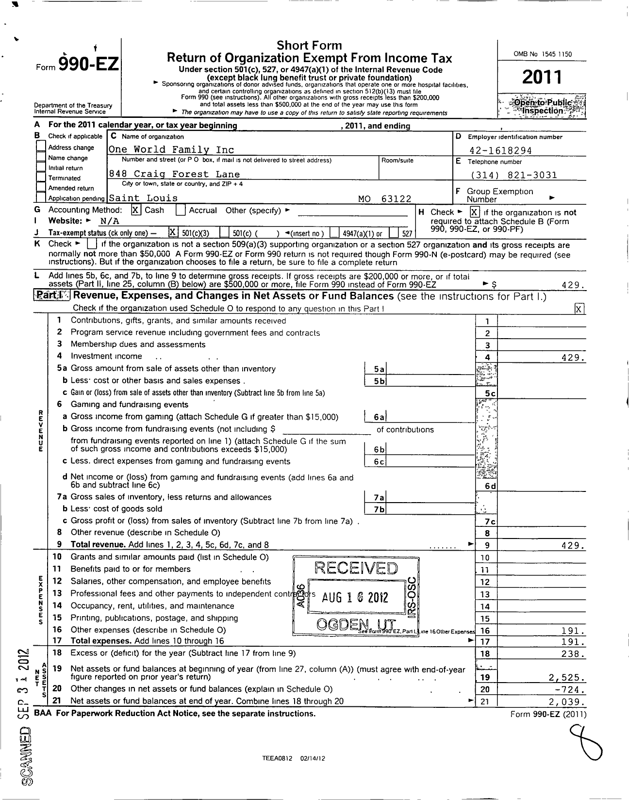 Image of first page of 2011 Form 990EZ for One World Family