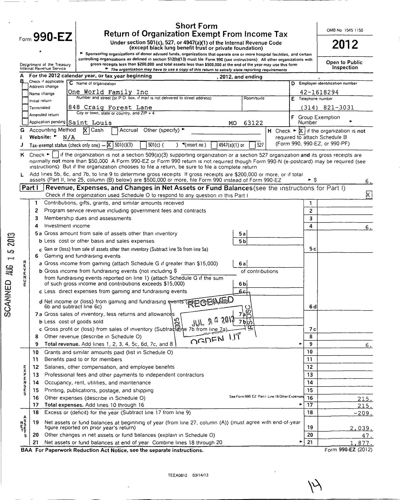 Image of first page of 2012 Form 990EZ for One World Family