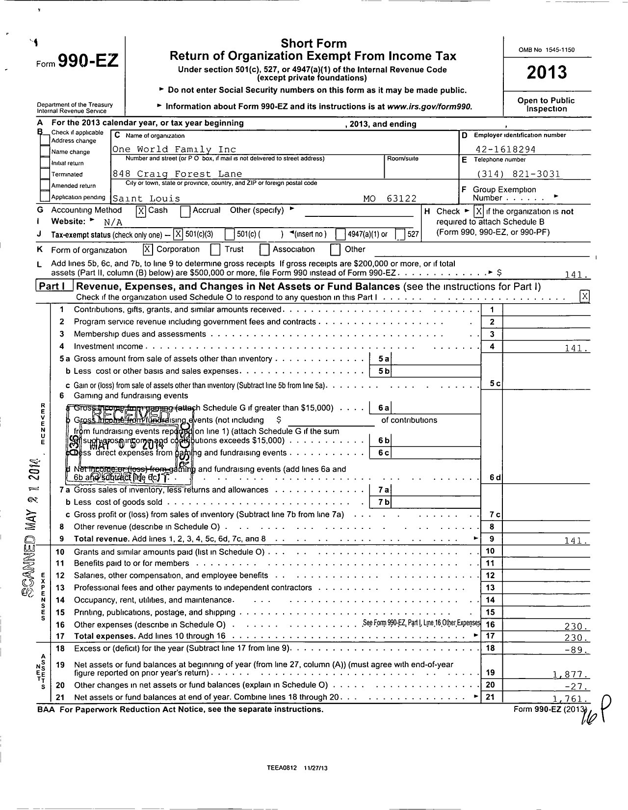 Image of first page of 2013 Form 990EZ for One World Family