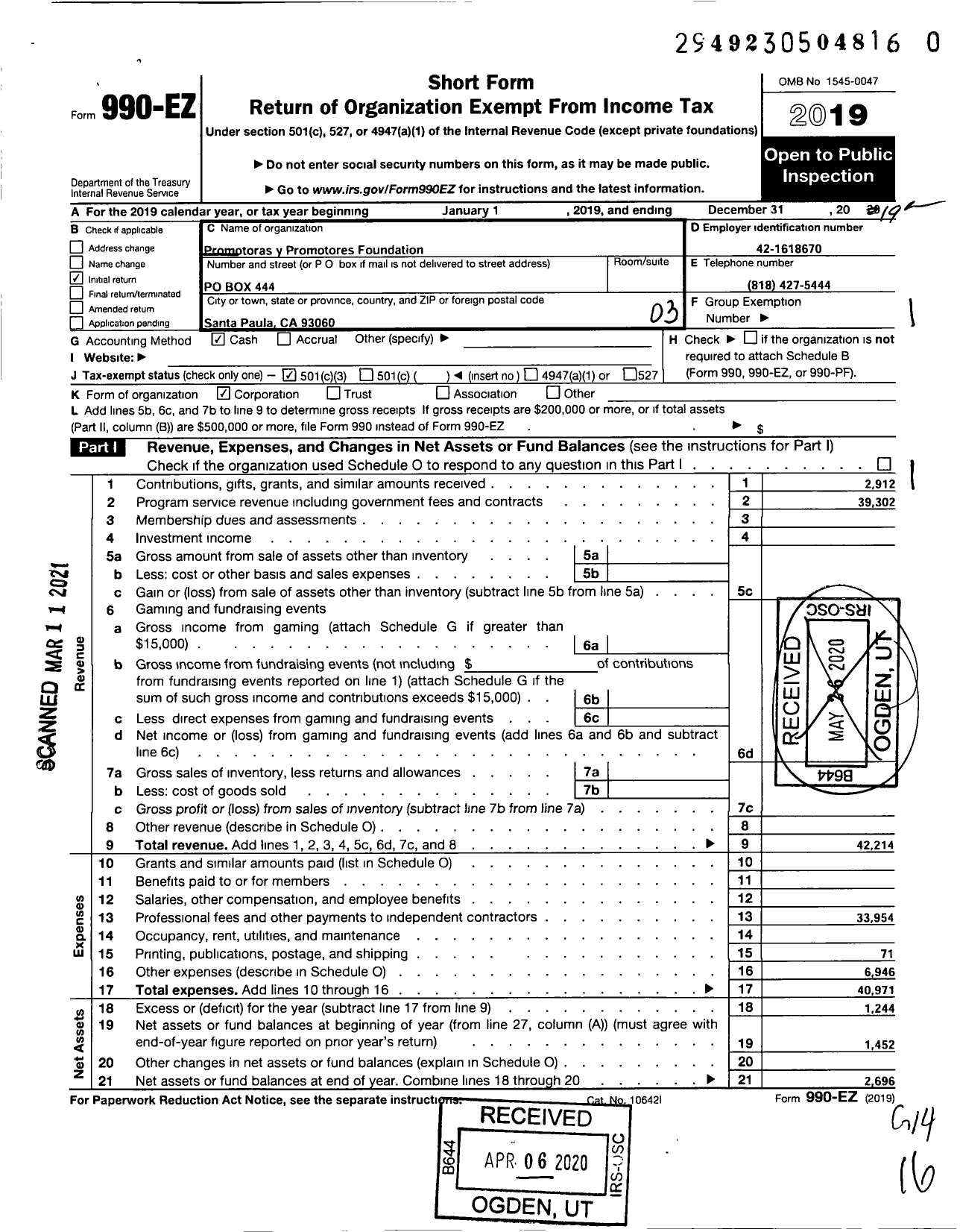 Image of first page of 2019 Form 990EZ for Promotoras Y Promotores Foundation