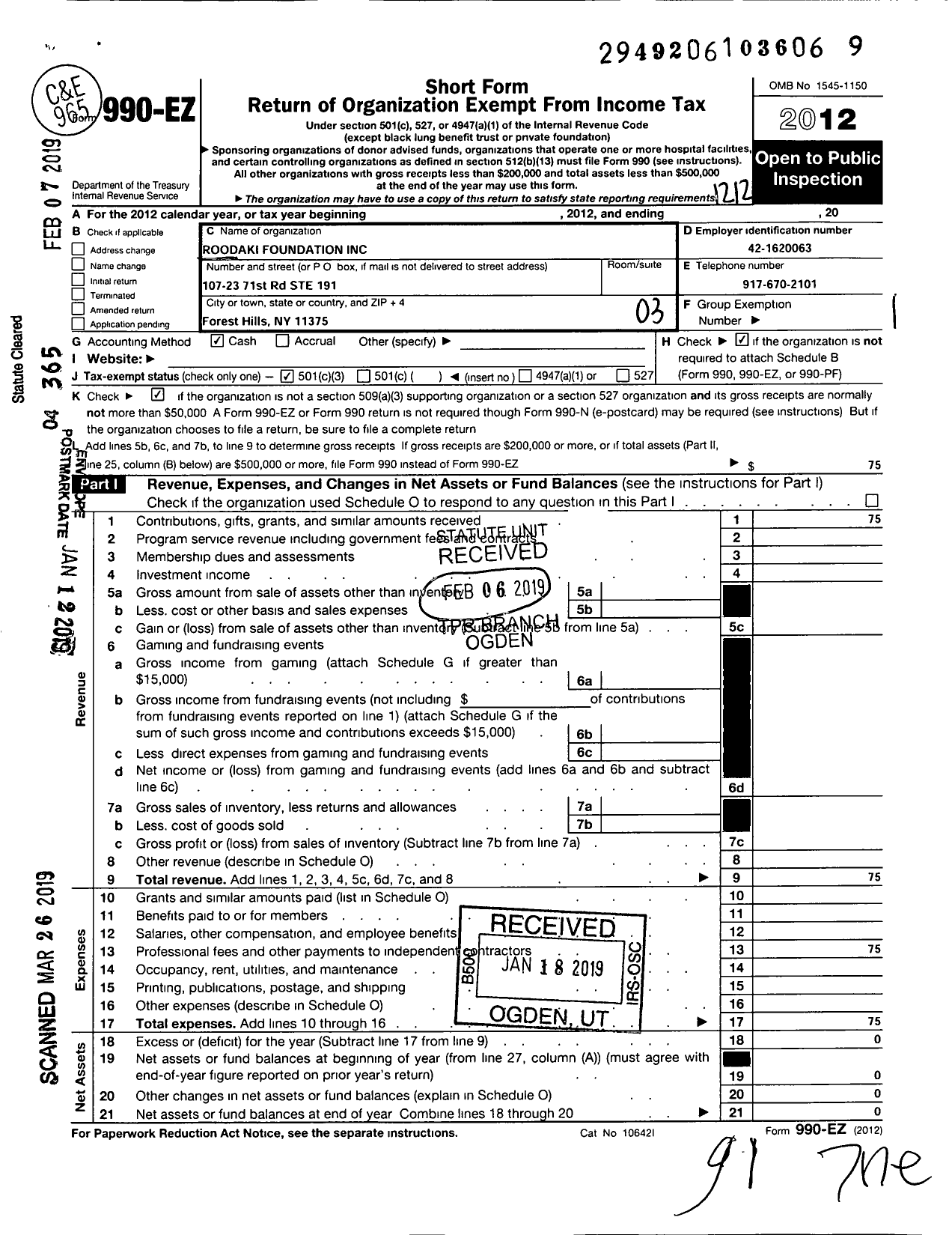 Image of first page of 2012 Form 990EZ for Roodaki Foundation