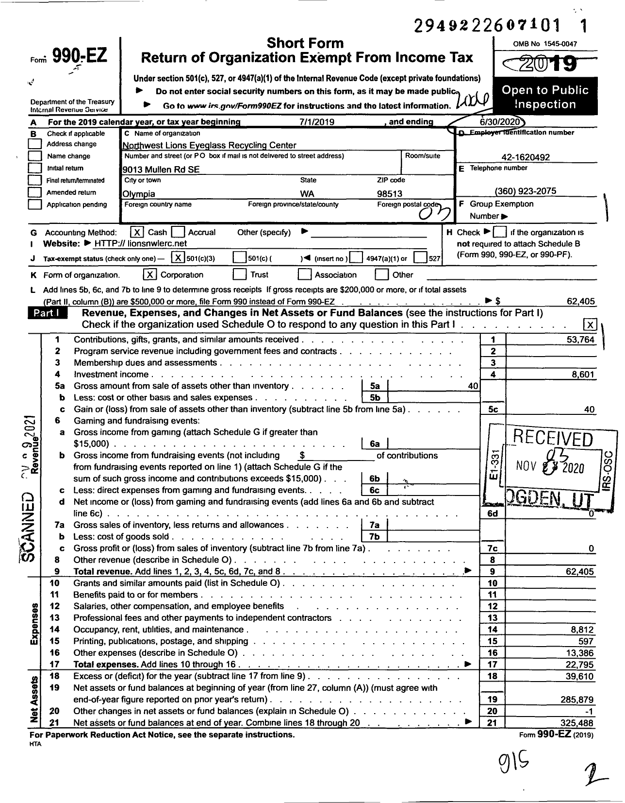 Image of first page of 2019 Form 990EZ for Northwest Lions Eyeglass Recycling Center