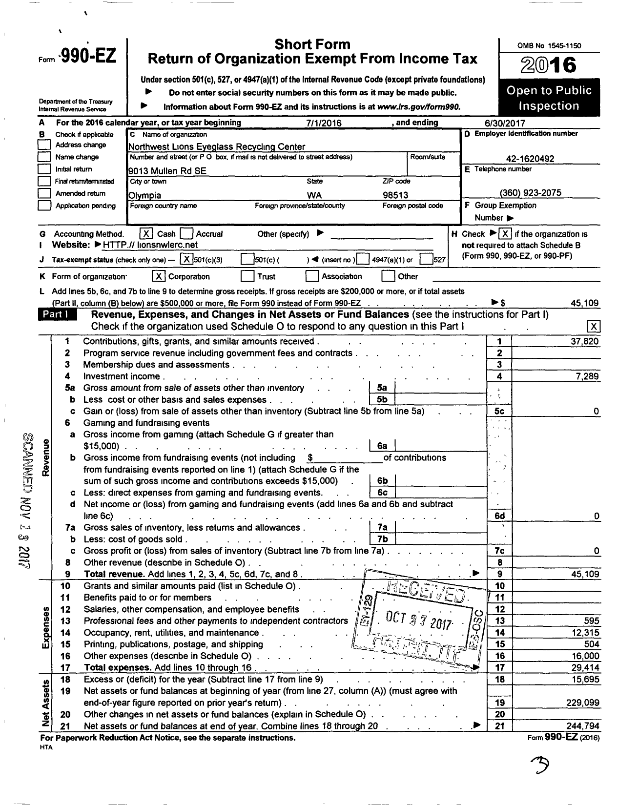 Image of first page of 2016 Form 990EZ for Northwest Lions Eyeglass Recycling Center