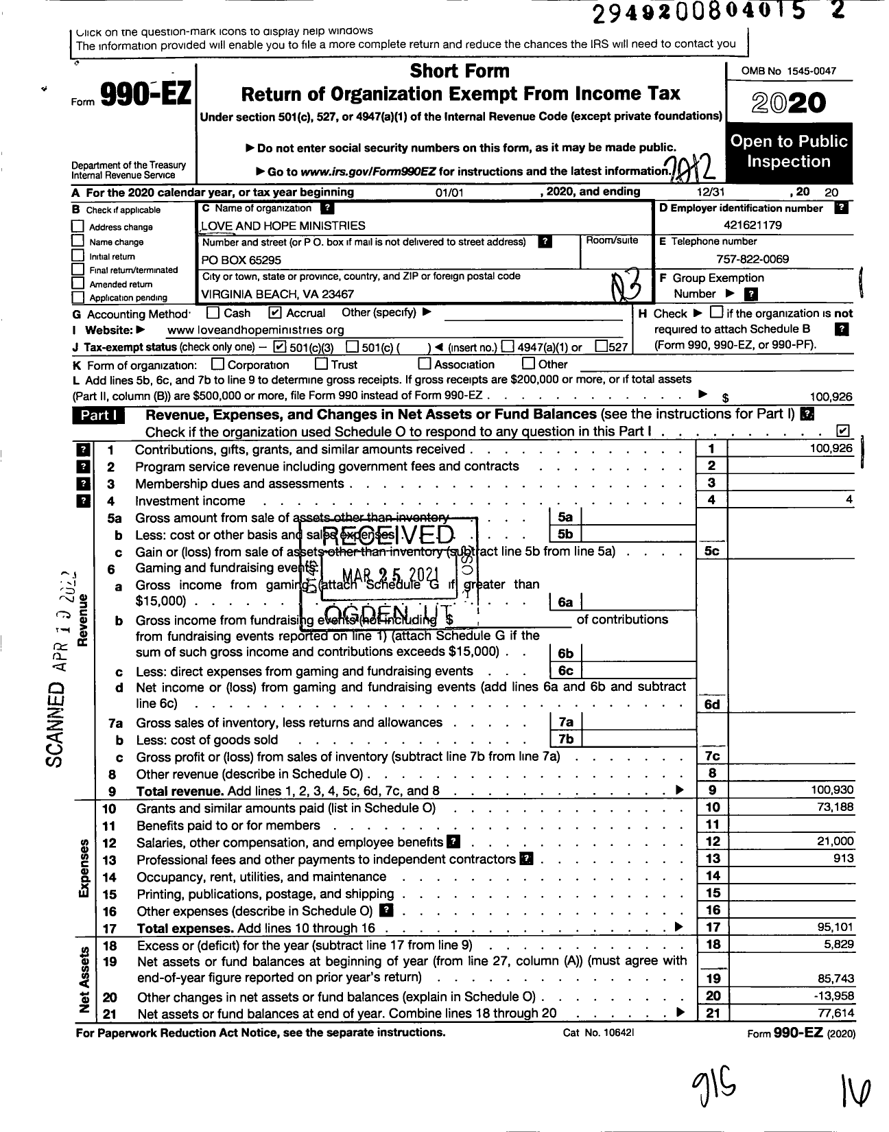 Image of first page of 2020 Form 990EZ for Love and Hope Ministries