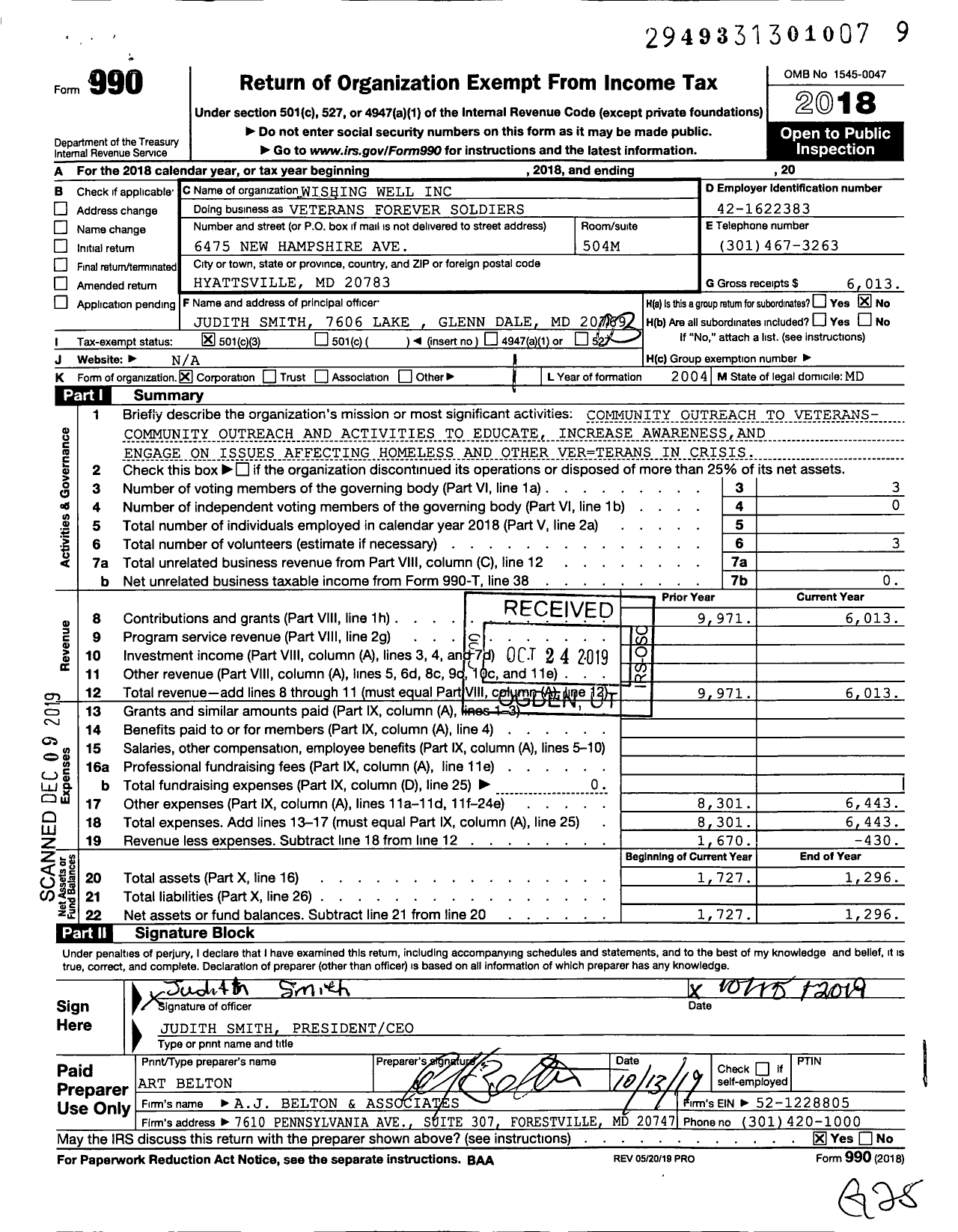 Image of first page of 2018 Form 990 for Wishing Well