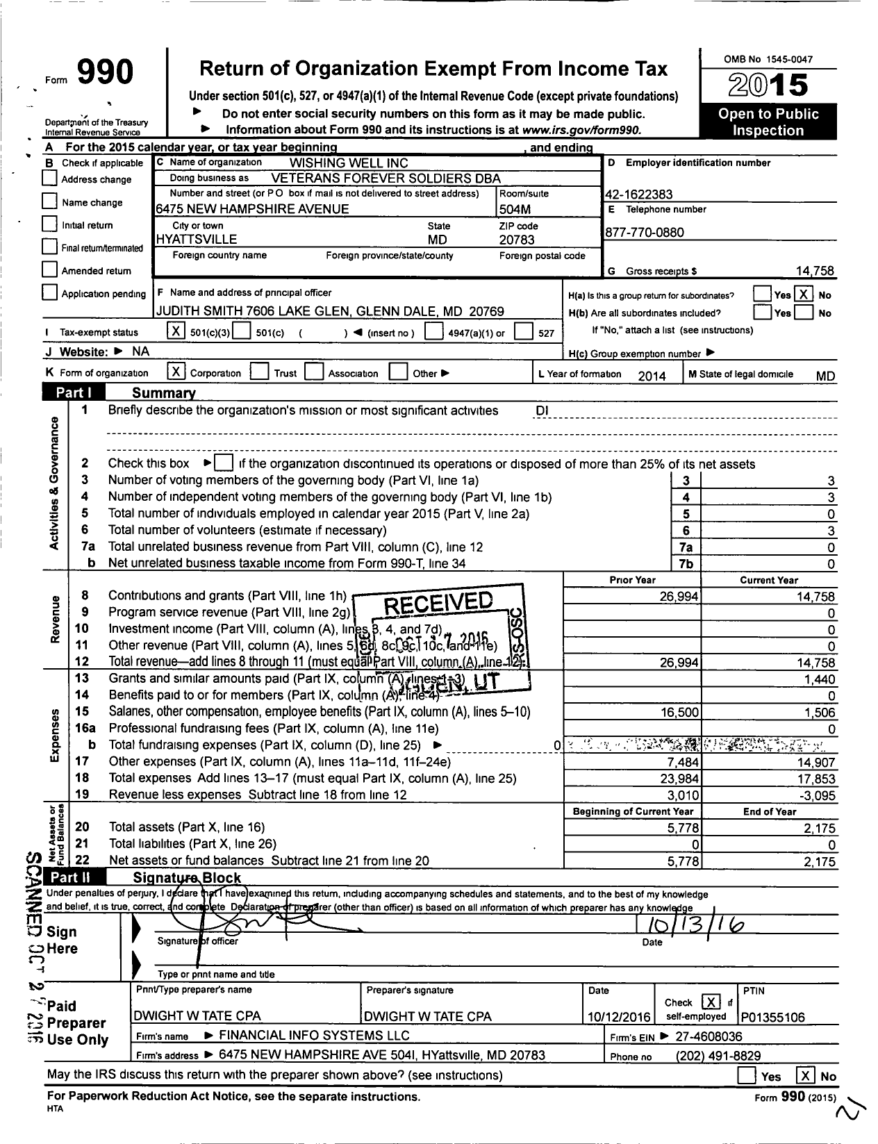 Image of first page of 2015 Form 990 for Wishing Well