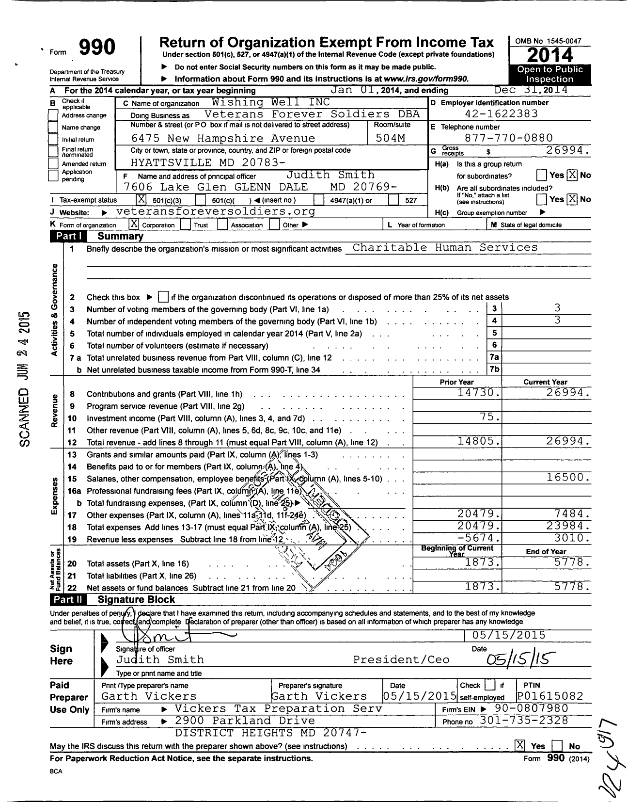 Image of first page of 2014 Form 990 for Wishing Well