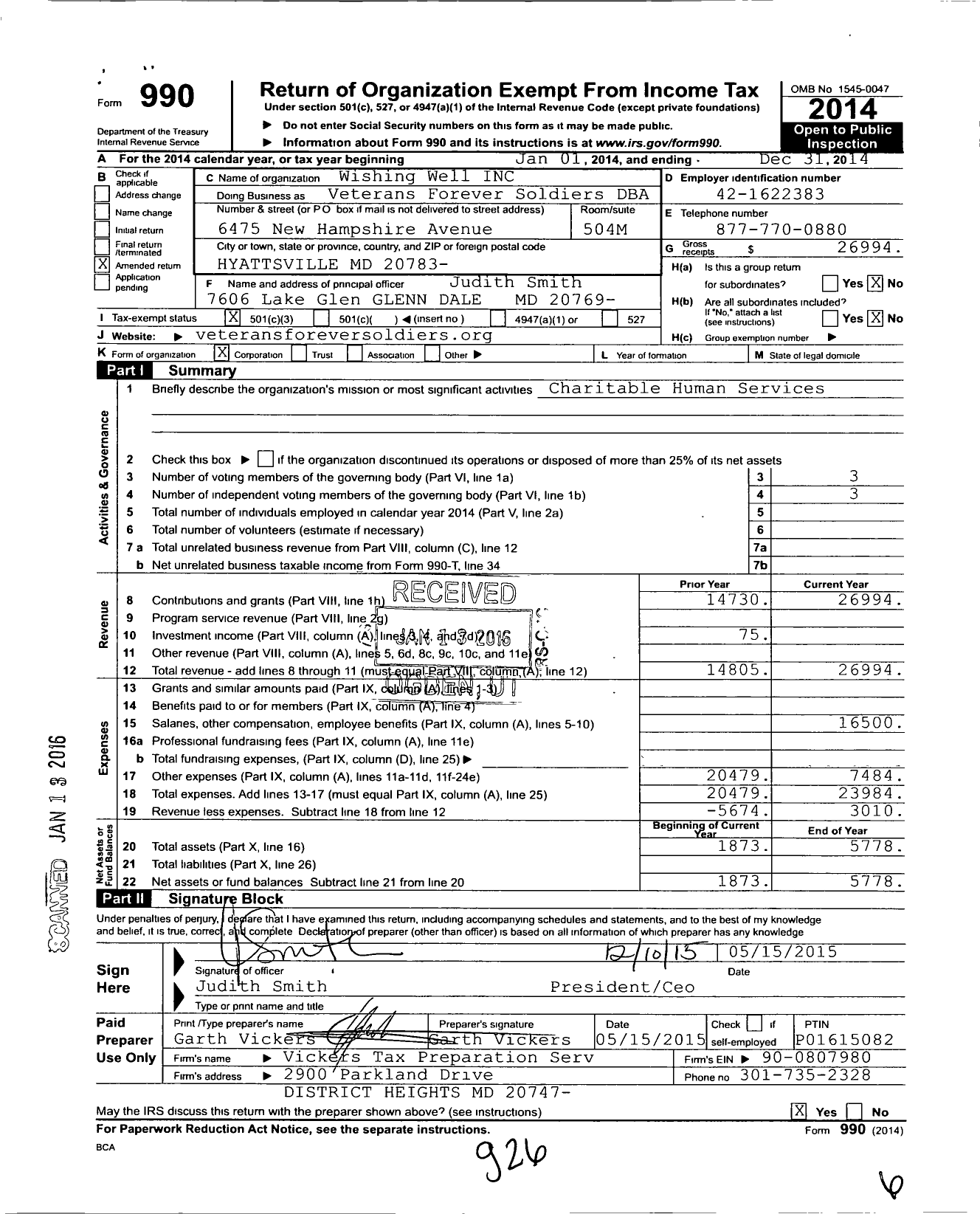 Image of first page of 2014 Form 990 for Wishing Well