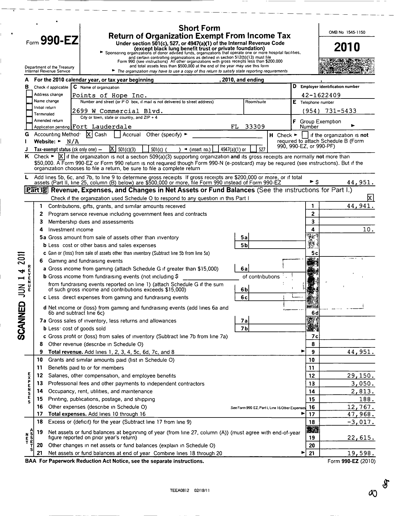 Image of first page of 2010 Form 990EZ for Points of Hope