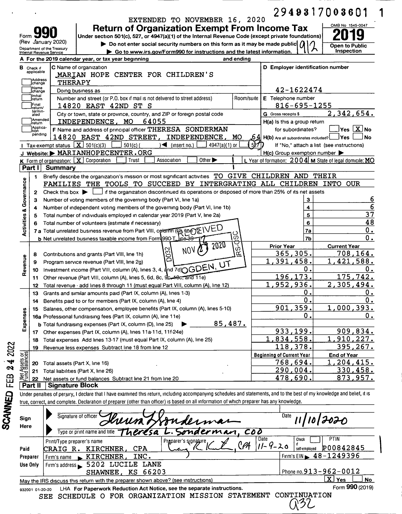 Image of first page of 2019 Form 990 for Marian Hope