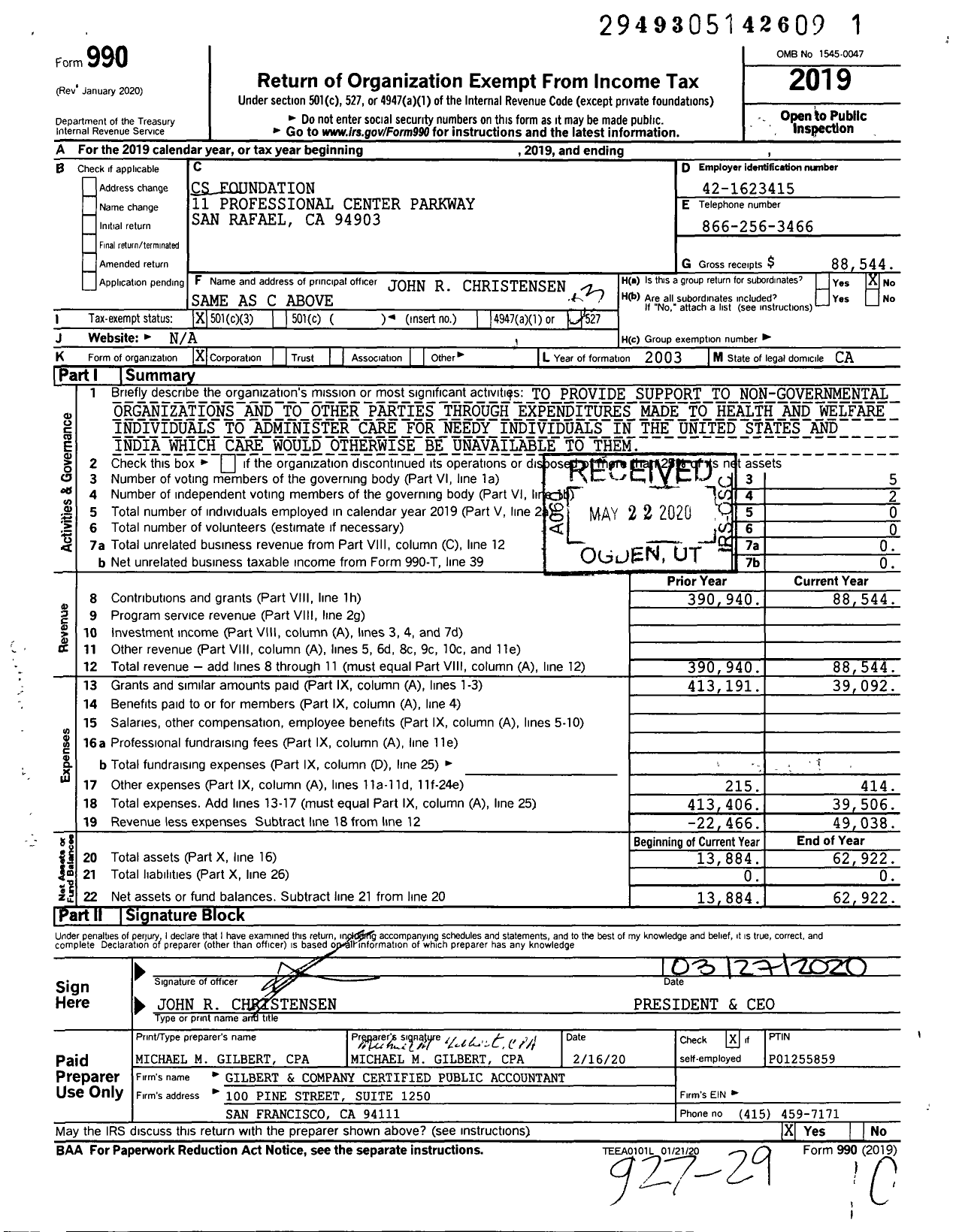 Image of first page of 2019 Form 990 for CS Foundation / John M Christensen