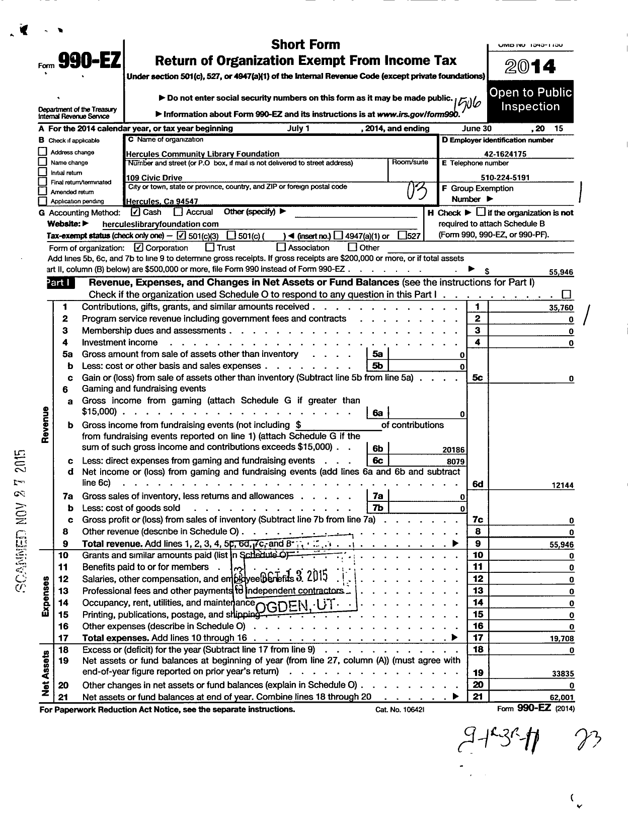 Image of first page of 2014 Form 990EZ for Hercules Community Library Foundation