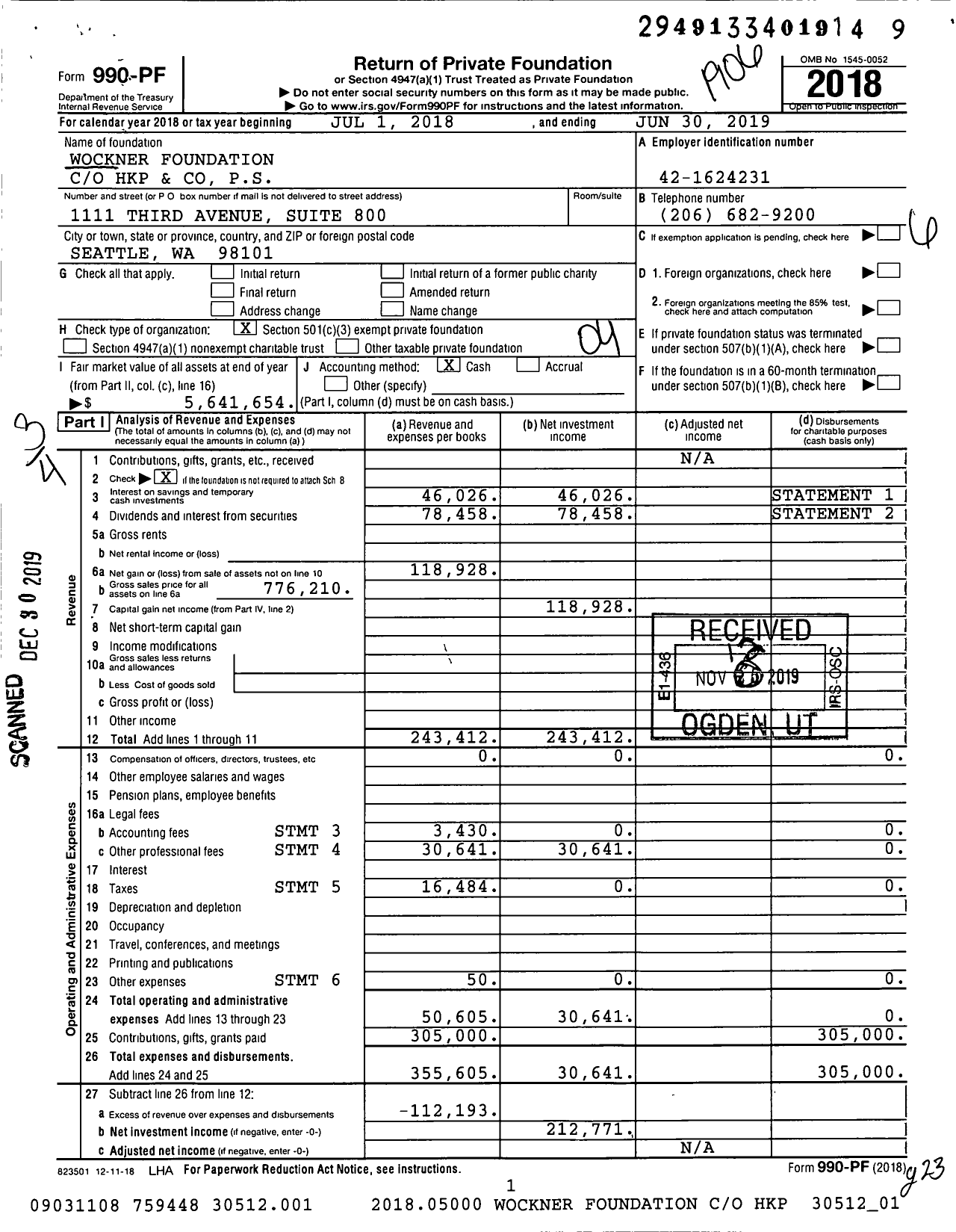 Image of first page of 2018 Form 990PF for Wockner Foundation