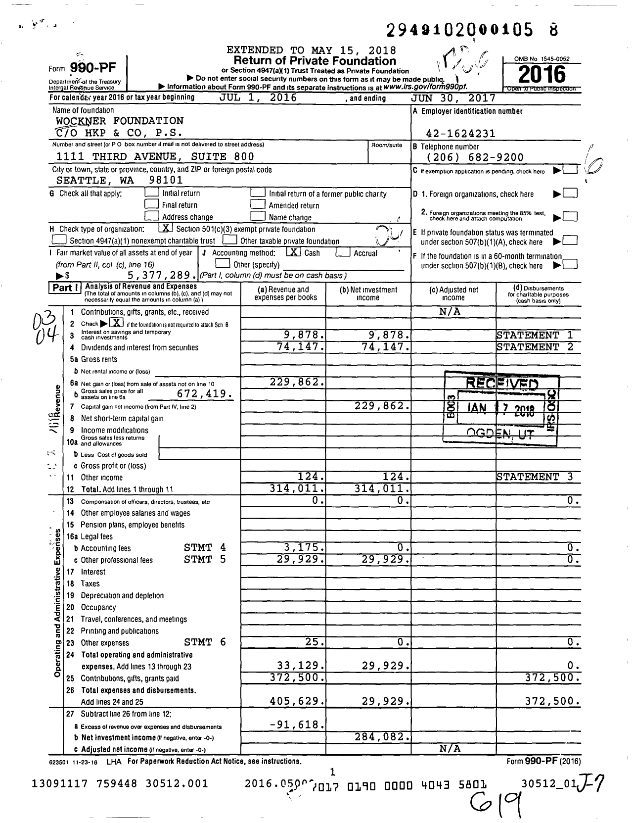 Image of first page of 2016 Form 990PF for Wockner Foundation