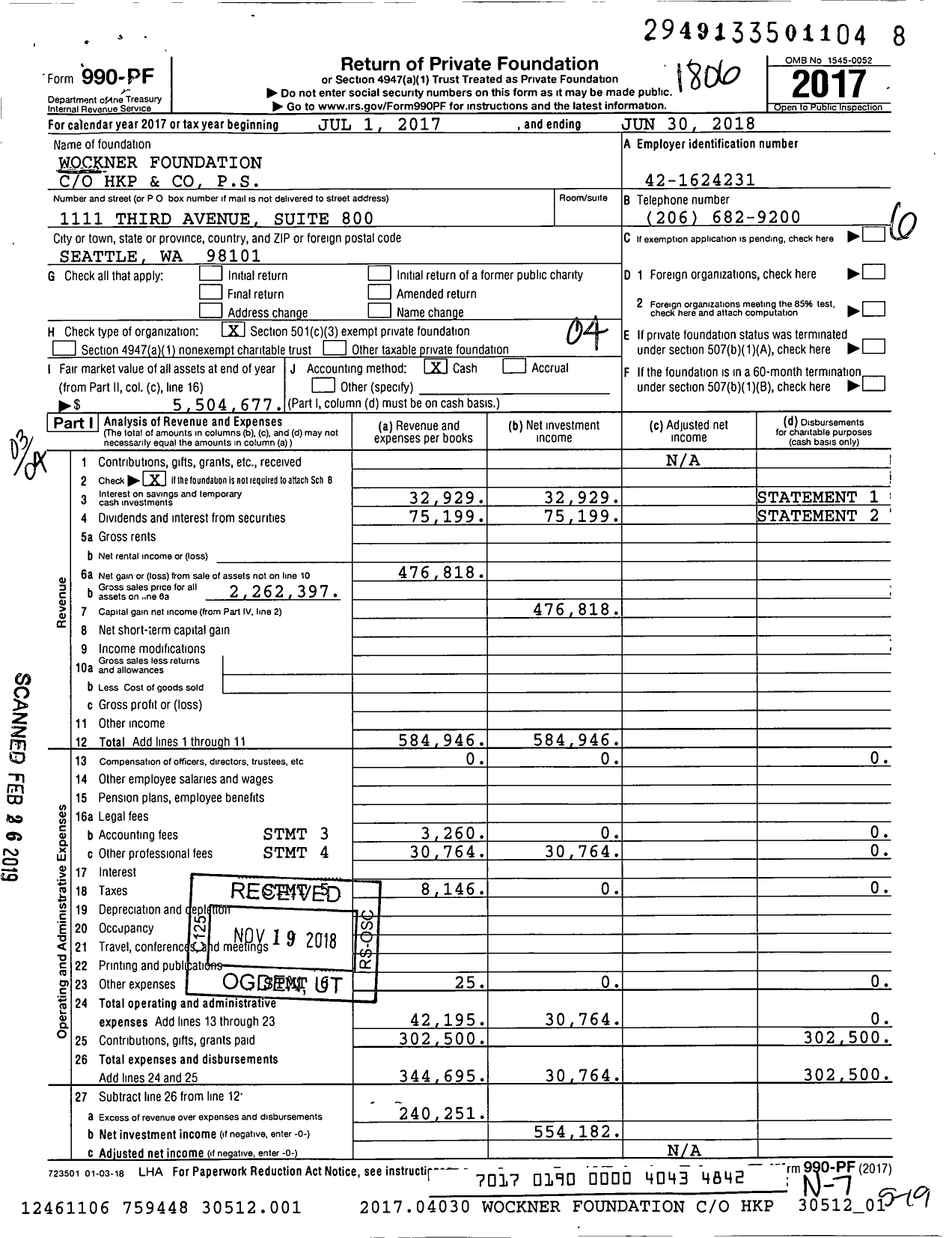 Image of first page of 2017 Form 990PF for Wockner Foundation