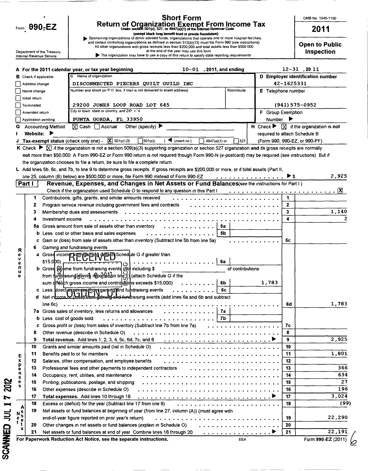 Image of first page of 2011 Form 990EZ for Disconnected Piecers Quilt Guild