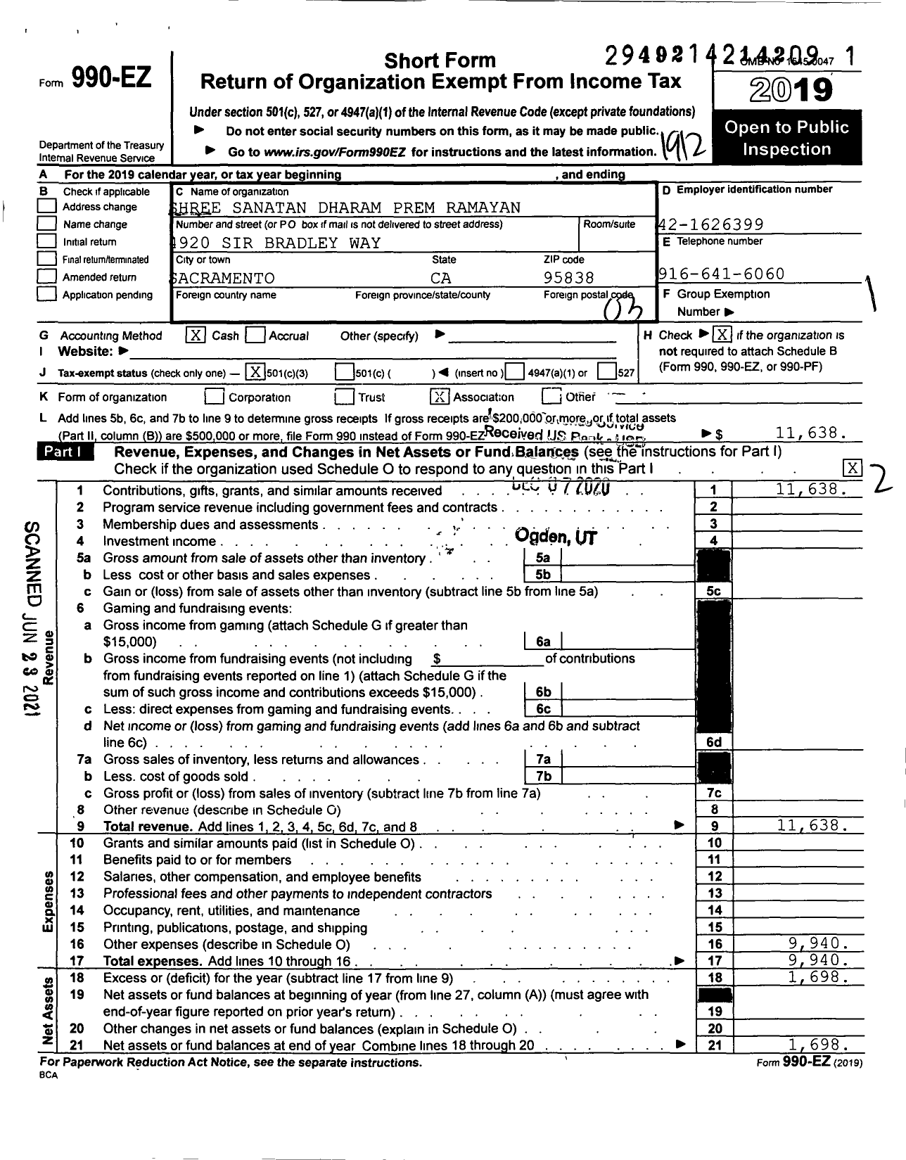 Image of first page of 2019 Form 990EZ for Shree Sanatan Dharam Prem Ramayan Shree Sanatan Dharam Prem Ramayan