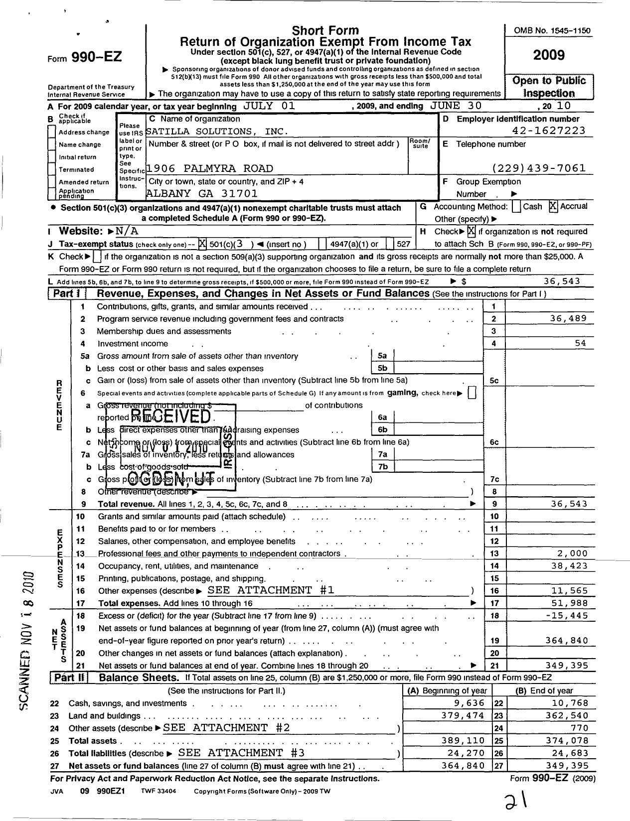 Image of first page of 2009 Form 990EZ for Satilla Solutions