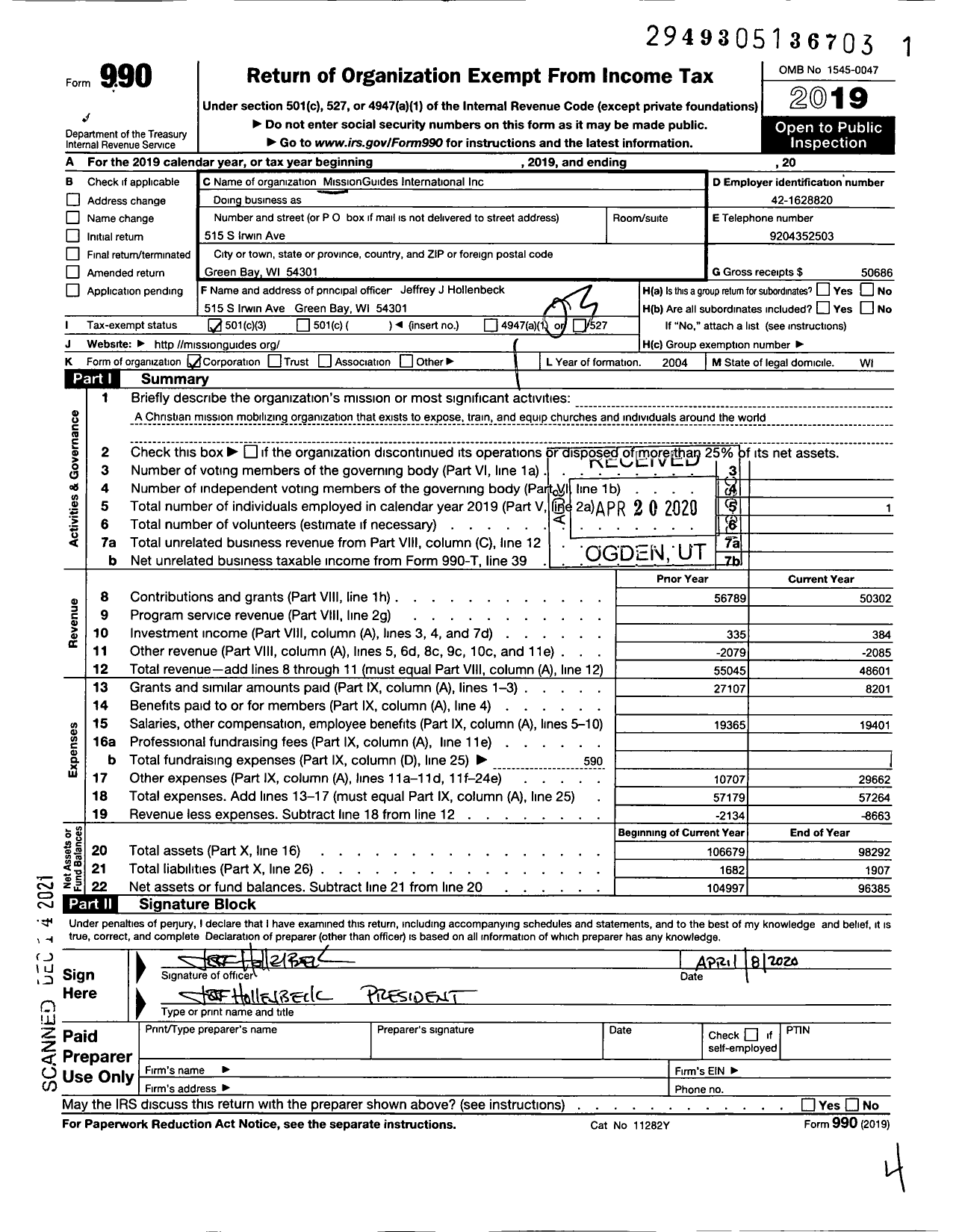 Image of first page of 2019 Form 990 for Missionguides Guides International