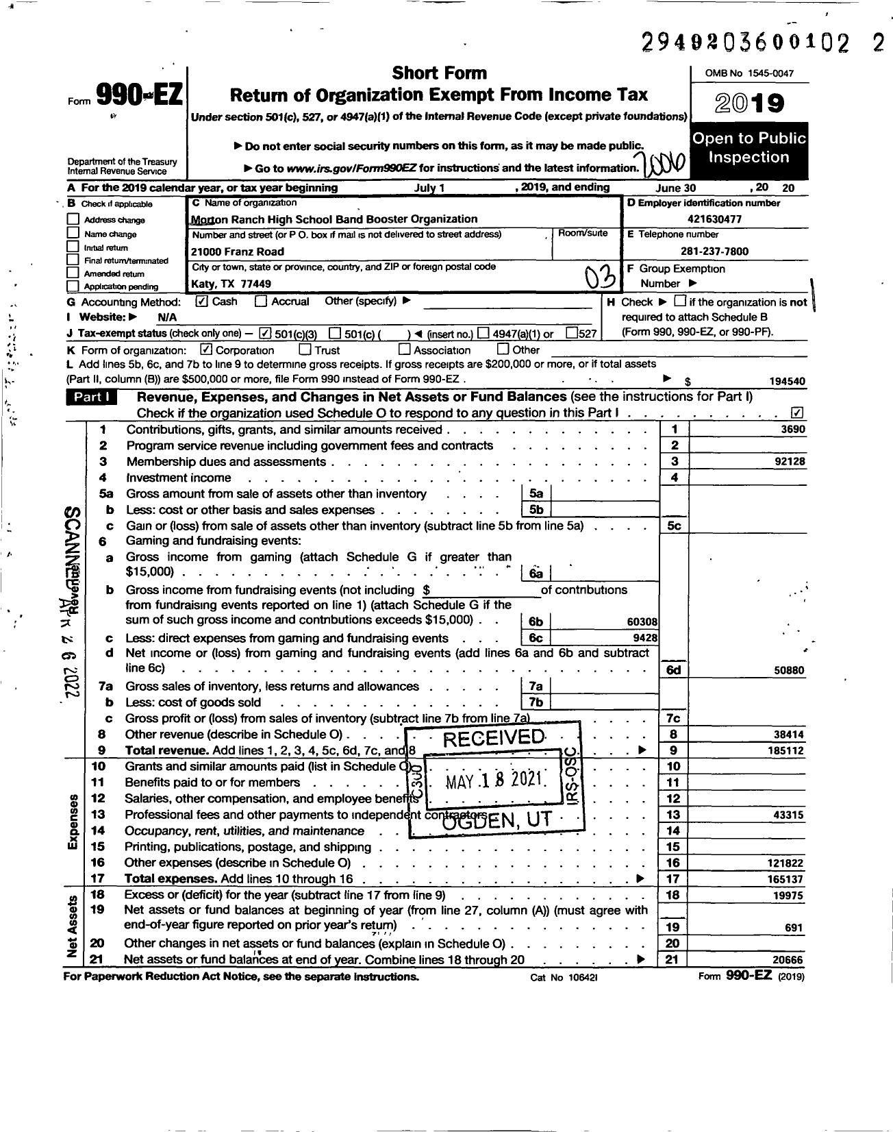 Image of first page of 2019 Form 990EZ for Morton Ranch High School Band Booster Organization