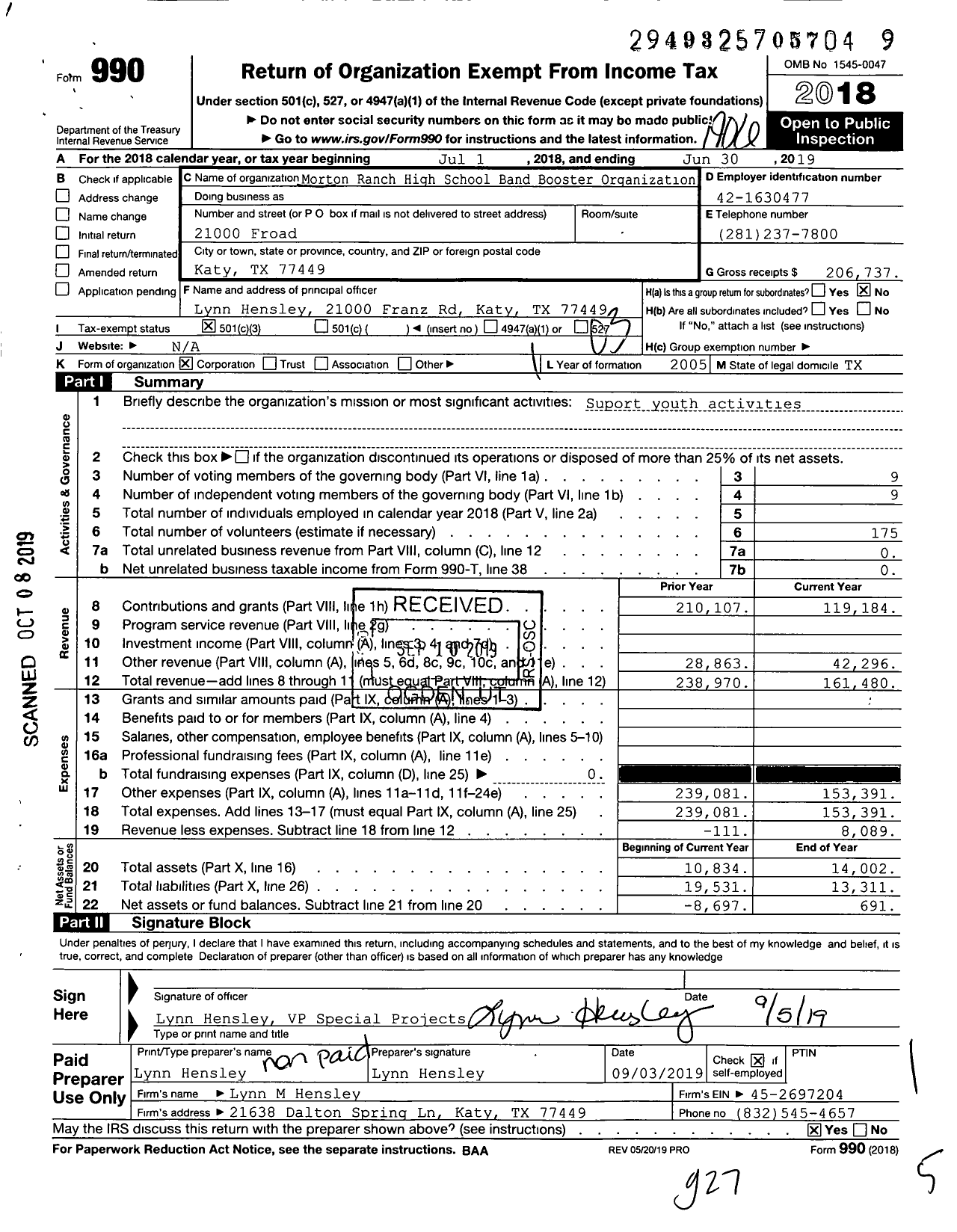 Image of first page of 2018 Form 990 for Morton Ranch High School Band Booster Organization