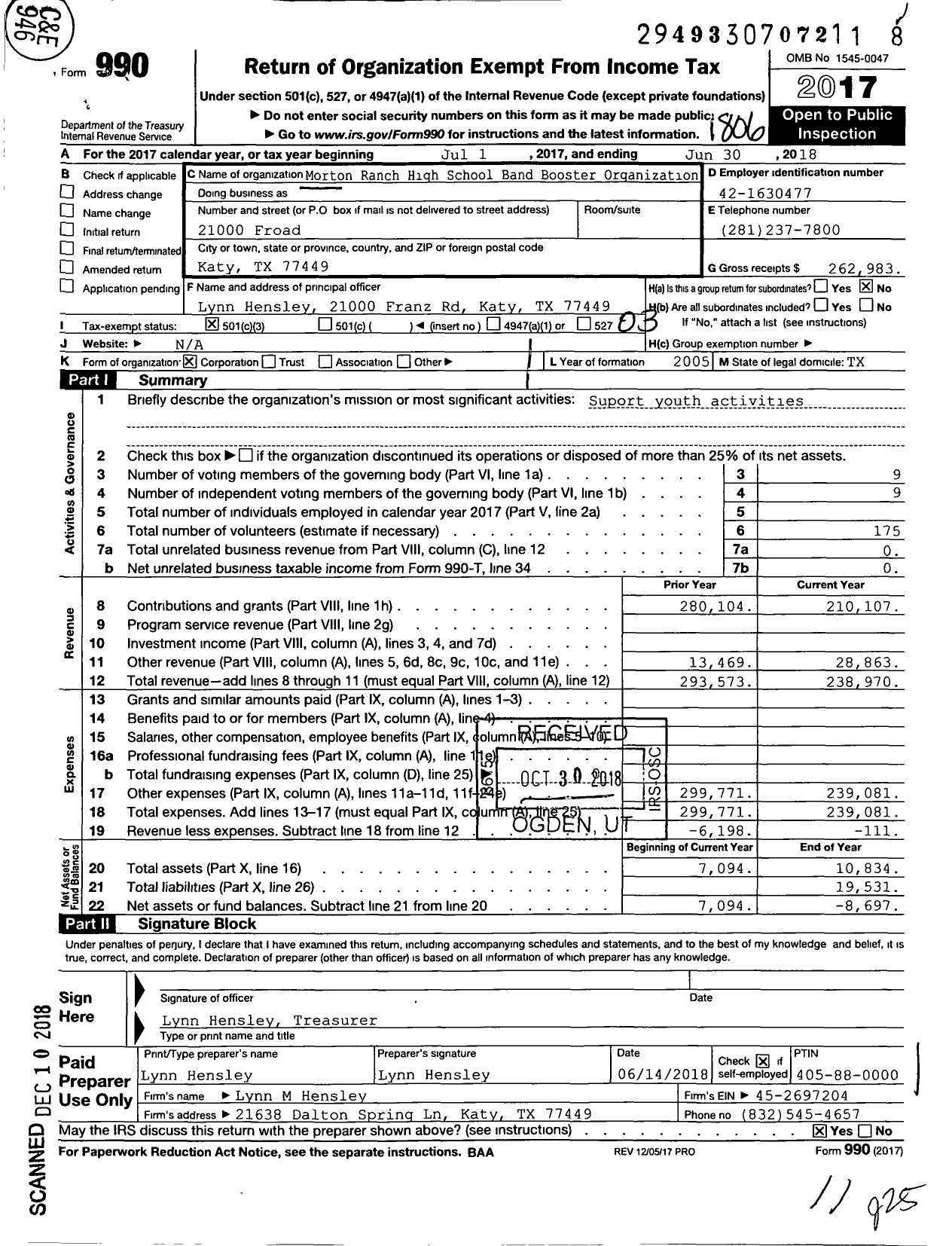 Image of first page of 2017 Form 990 for Morton Ranch High School Band Booster Organization