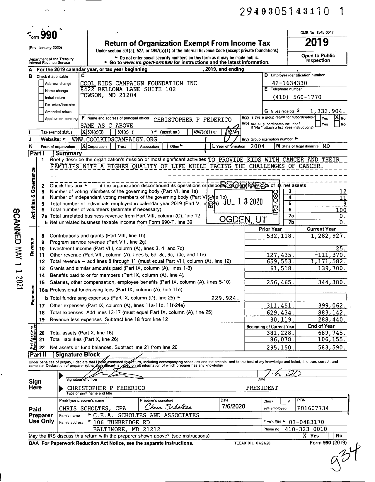 Image of first page of 2019 Form 990 for Cool Kids Campaign Foundation