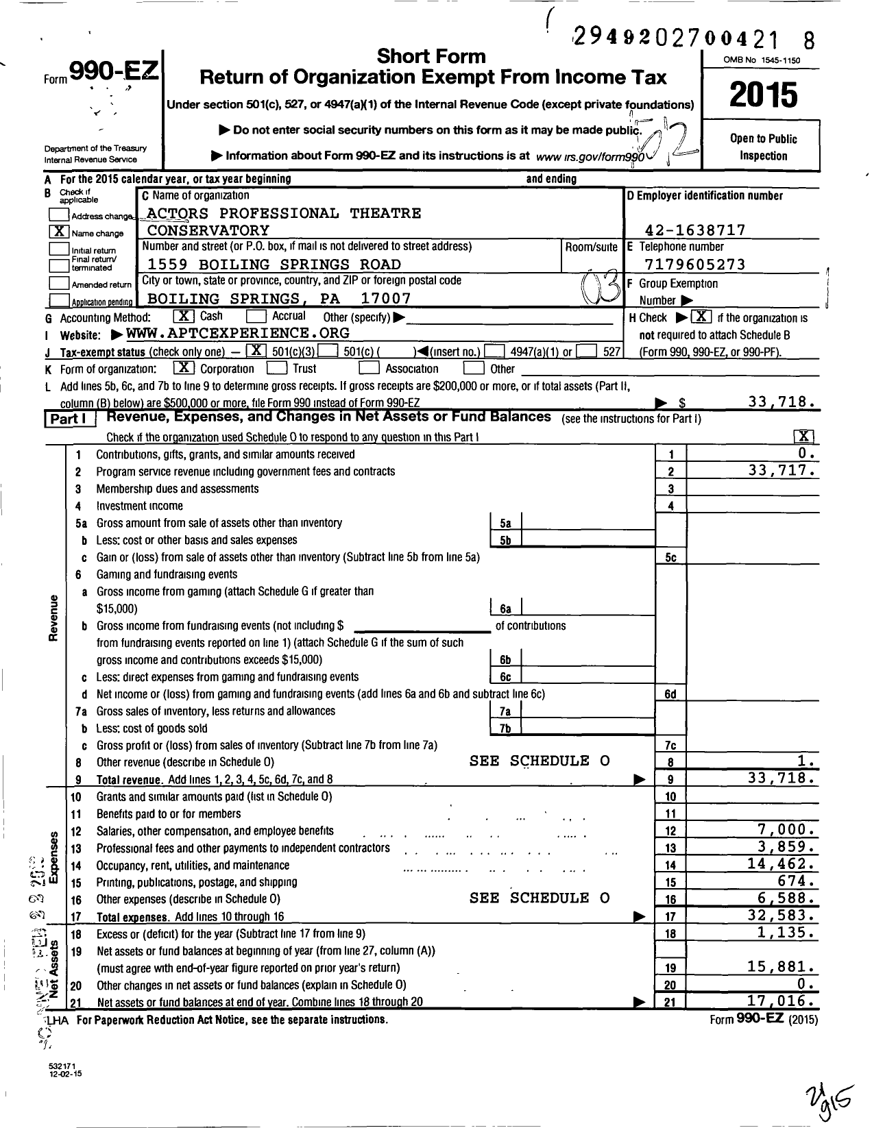 Image of first page of 2015 Form 990EZ for The Allenberry Professional Theatre Conservatory