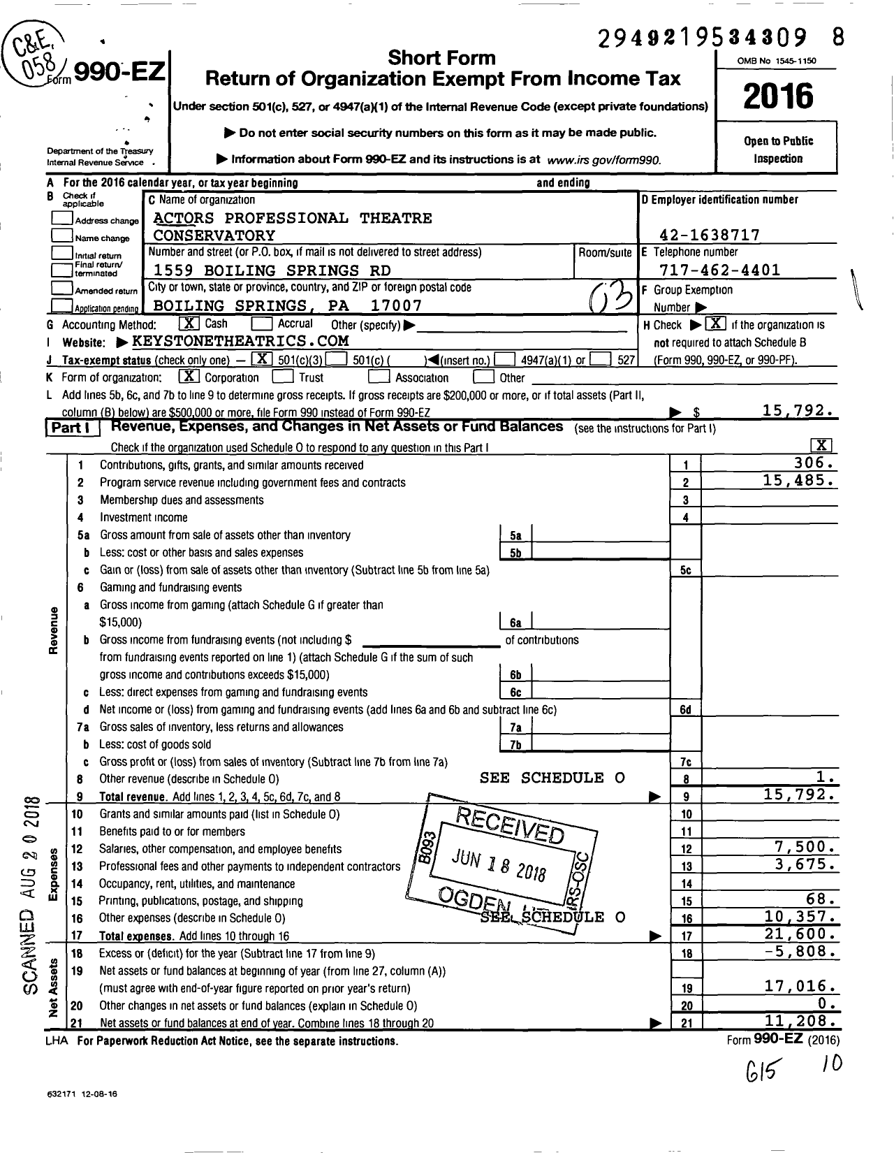 Image of first page of 2016 Form 990EZ for The Allenberry Professional Theatre Conservatory