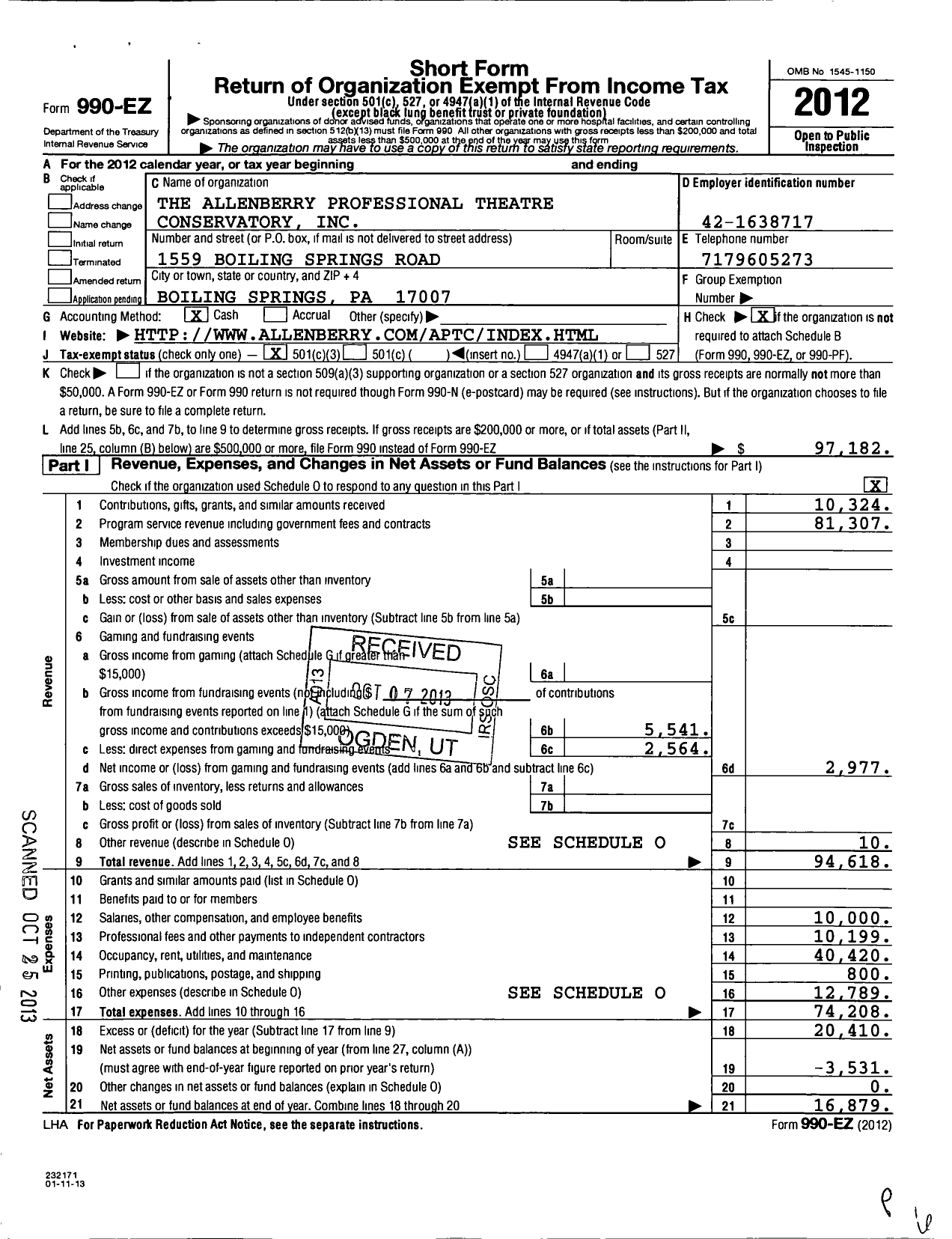 Image of first page of 2012 Form 990EZ for The Allenberry Professional Theatre Conservatory