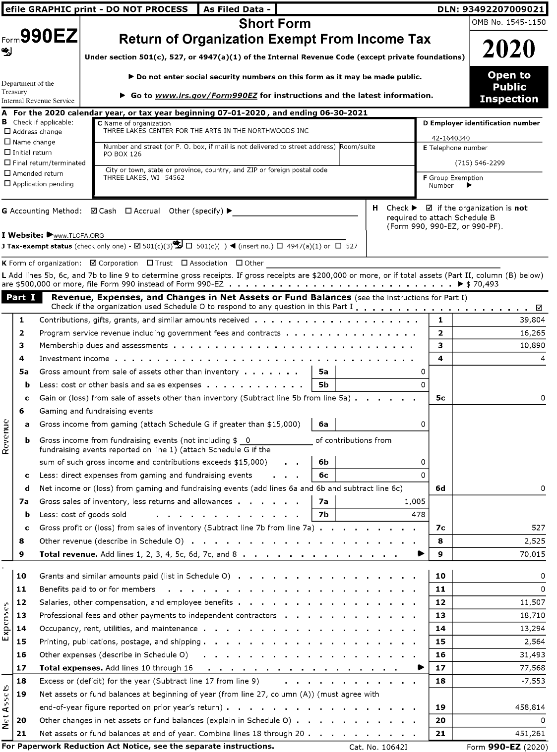 Image of first page of 2020 Form 990EZ for Three Lakes Center for the Arts in the Northwoods