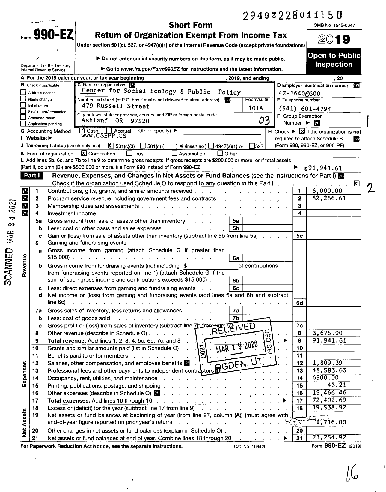 Image of first page of 2019 Form 990EZ for Center for Social Ecology and Public Policy