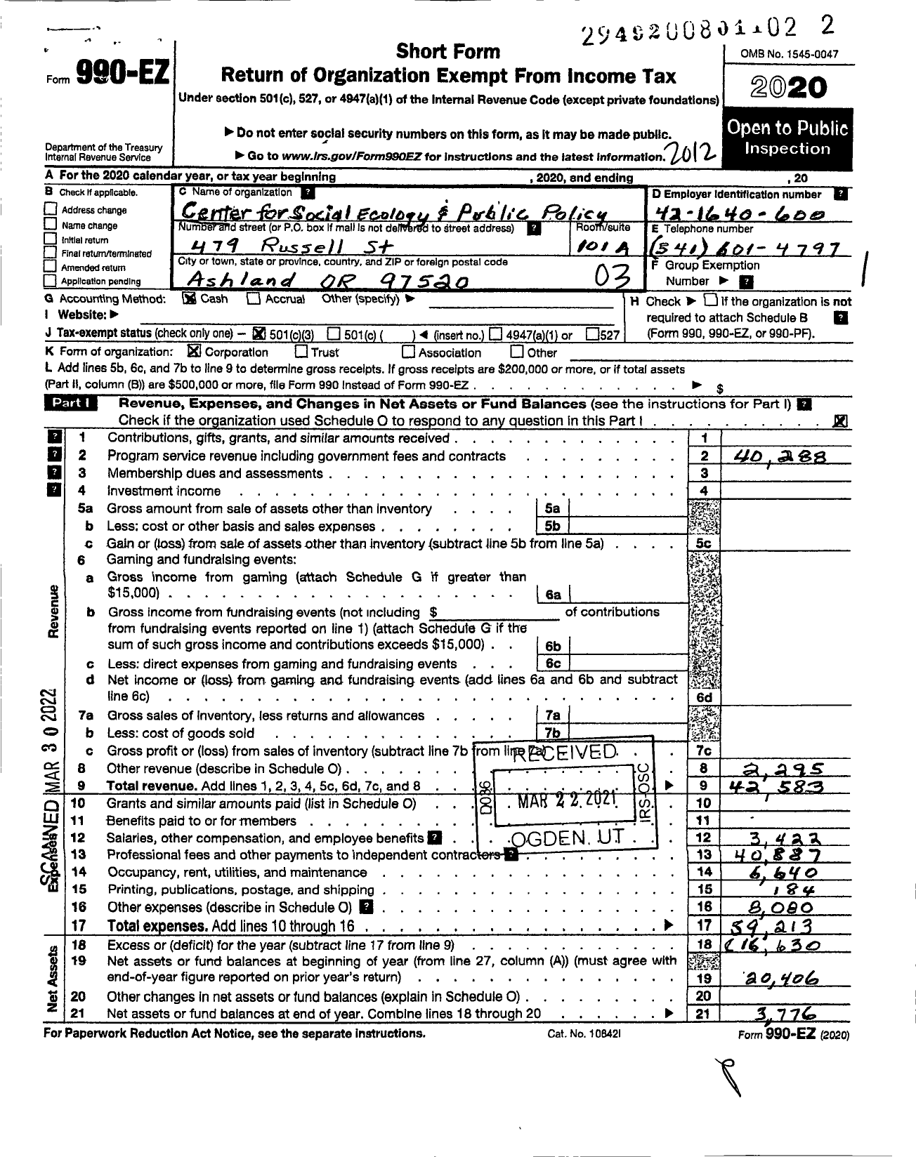 Image of first page of 2020 Form 990EZ for Center for Social Ecology and Public Policy