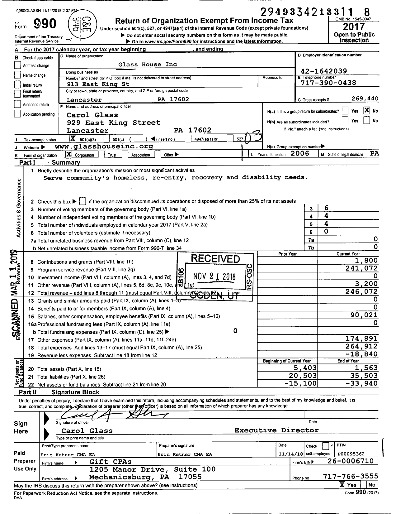 Image of first page of 2017 Form 990 for Glass House