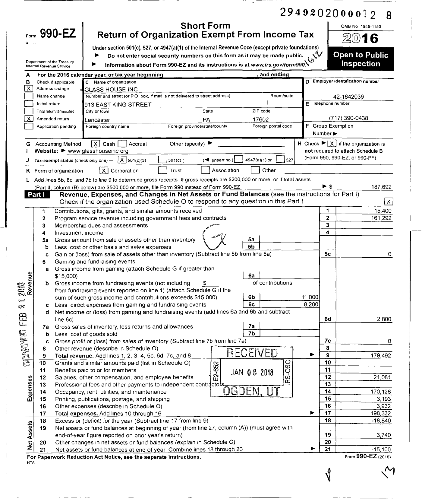 Image of first page of 2016 Form 990EZ for Glass House