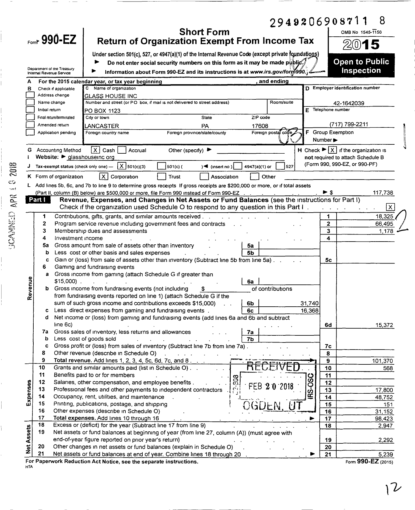 Image of first page of 2015 Form 990EZ for Glass House